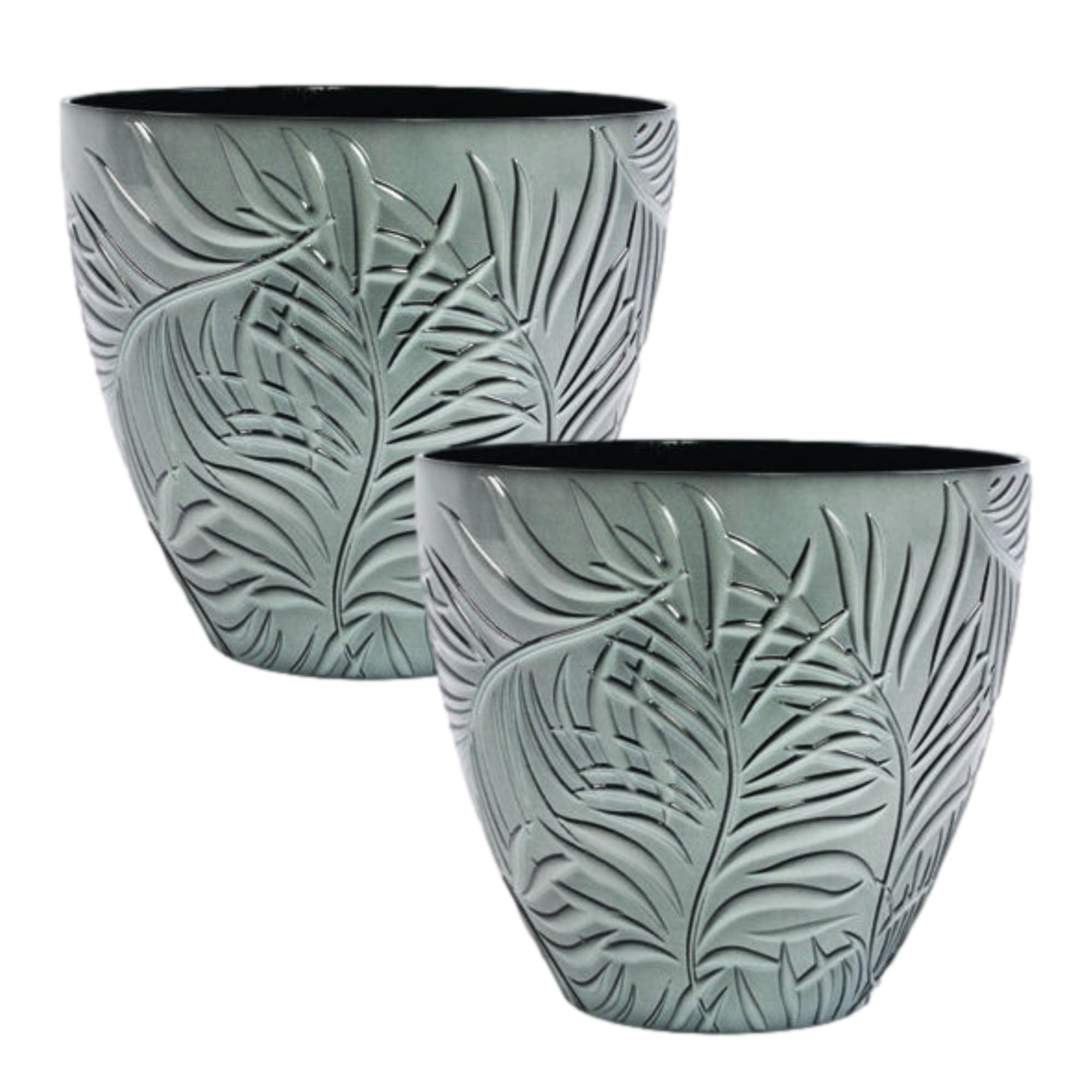 Fyne-Finds Grey Round Plastic Plant Pot 23Cm, 9Inch Fern Leaf Embossed Indoor Outdoor Flower Planter Cover (2)