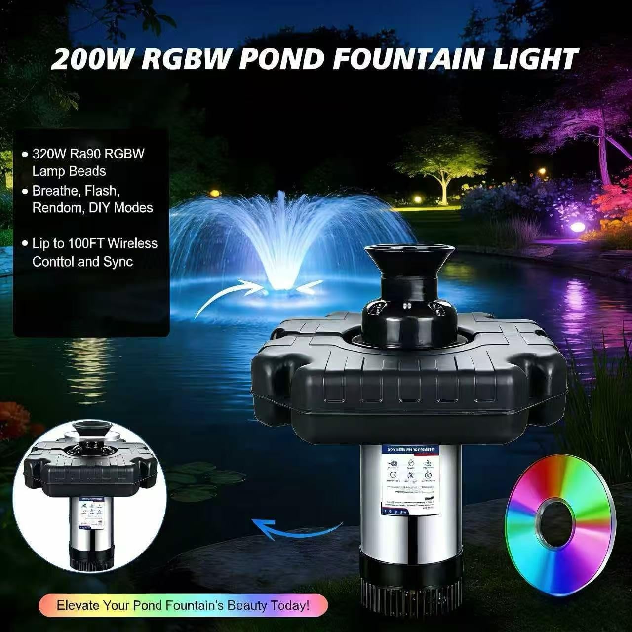 Pond Fountain Aerator,Pond Aerator,with Dynamic LED RGB Lighting Adjustable Modes, Digital Timer | 1 HP 15,000 GPH, 750W 110V, 100FT Cord - for Large Ponds, Lakes & Outdoor Water Features