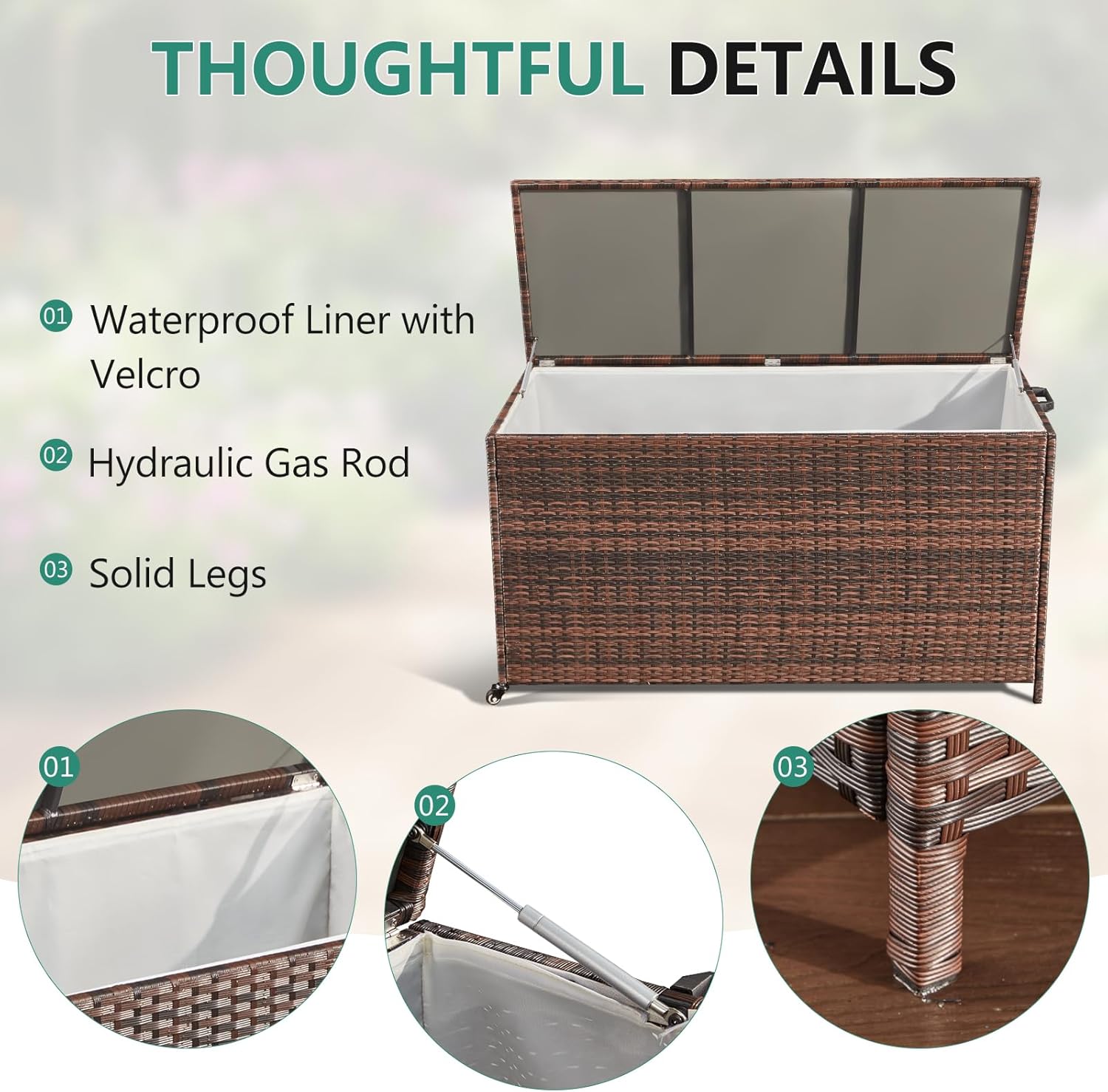 AVAWING Wicker Deck Box, Outdoor Storage Box with Portable Wheels and Handles, Patio Rattan Container for Garden, Balcony, Yard (Brown, 70 Gallon)