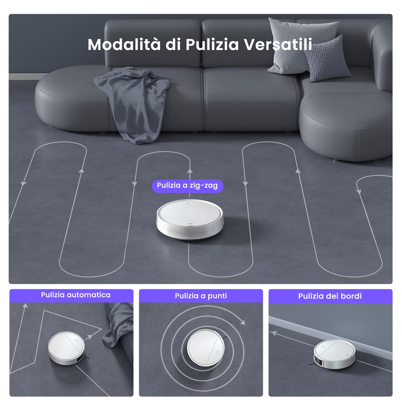OKP K5 Pro Robot Aspirapolvere, 5000Pa di Potenza Aspirazione, 180 Min Autonomia, 7,7 cm Ultra Sottile, Evitamento Ostacoli PSD, Ricarica Automatica, Adatto Per Pavimenti Duri/Animali, WiFi/App/Alexa