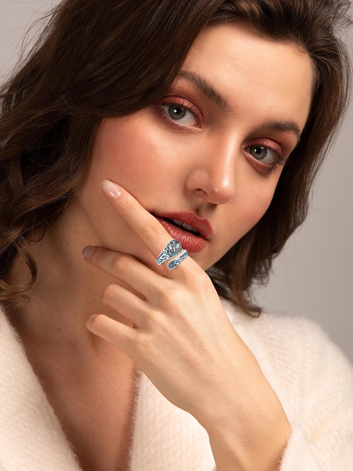 Midari Butterfly/Sunflower/Hummingbird Turquoise Spoon Rings for Women 925 Sterling Silver Adjustable Boho Turquoise Vintage Thumb Rings Oxidized Antique Floral Jewelry Gifts for Women Men