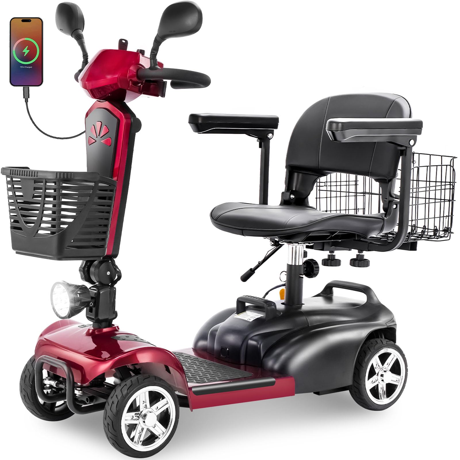 4 Wheels Eldryvon EV02 Electric Mobility Scooter for Seniors & Adult, 300Lbs All Terrain, Foldable Powered Wheelchair Device with Dual Basket, Rotating Seat, Lightweight Compact Duty Mobile for Travel