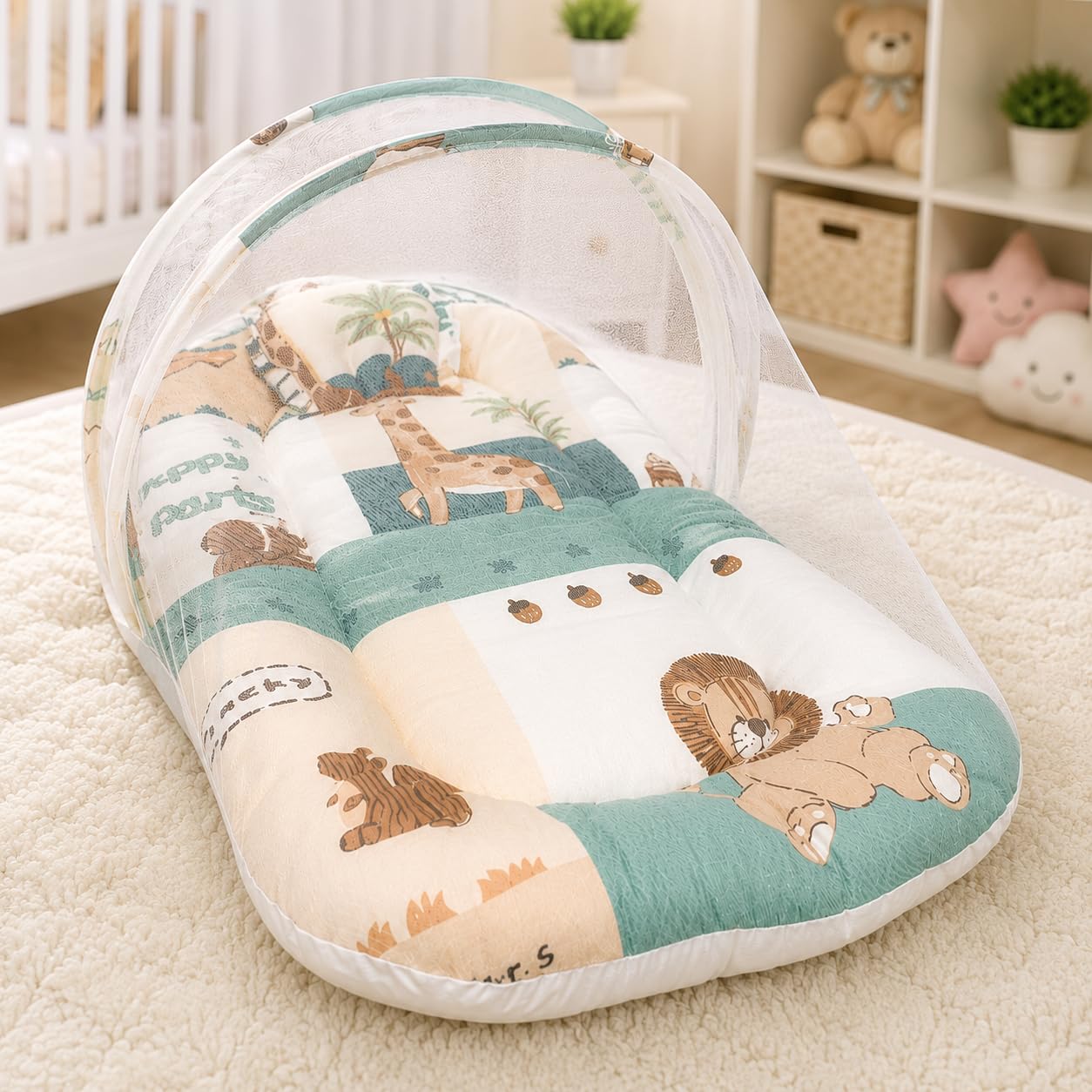 BABY STATION Cotton Baby Bedding Set with Mosquito Net for Newborn | Portable Baby Lounger, Head Support Cushion, Side Bolsters, 0-12 Months, Boys & Girls-picture-23