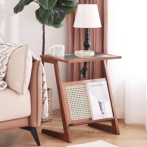 Miniatura 6 de Z-Mesa auxiliar vintage, mesa auxiliar bohemia, mesa auxiliar de ratán, mesa de centro de cristal, mesa de centro para dormitorio con