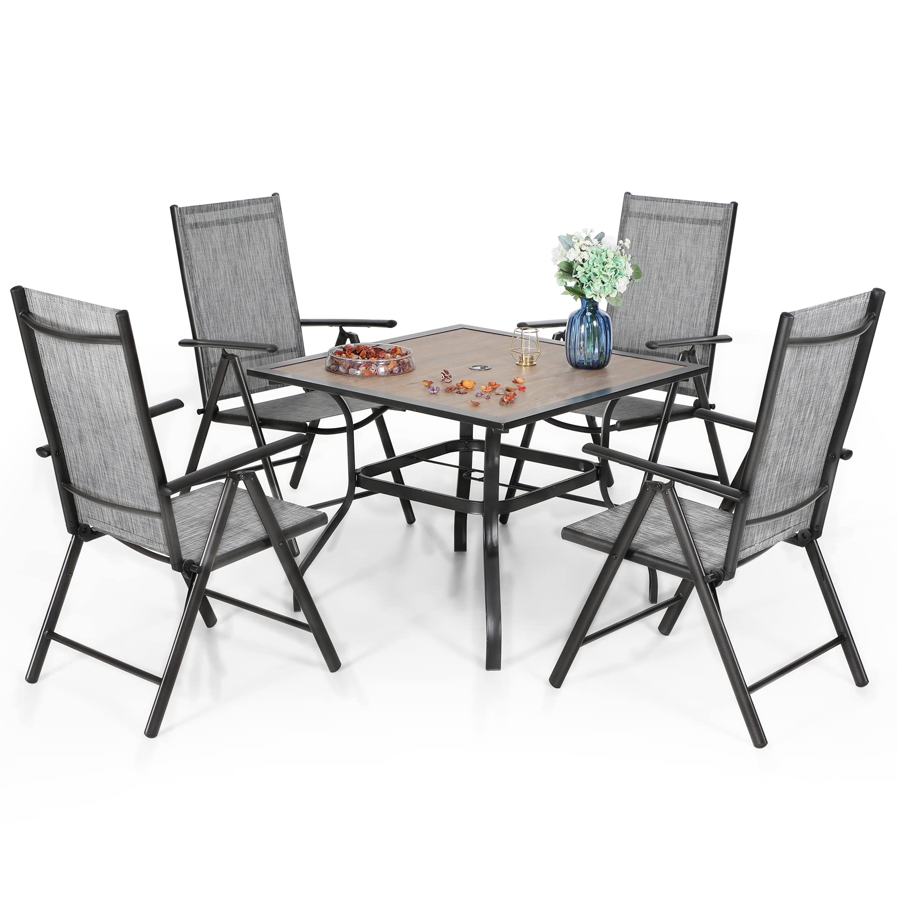 PHI VILLA 4+1 Gartenstühle und Tisch Klapp Gartenstühle mit Aluminiumrahmen, 6X verstellbar mit 7 sitzpositionen,Gartentisch aus Stahl Stahl Gartentisch mit Sonnenschirmloch Gartenmöbel-Sets