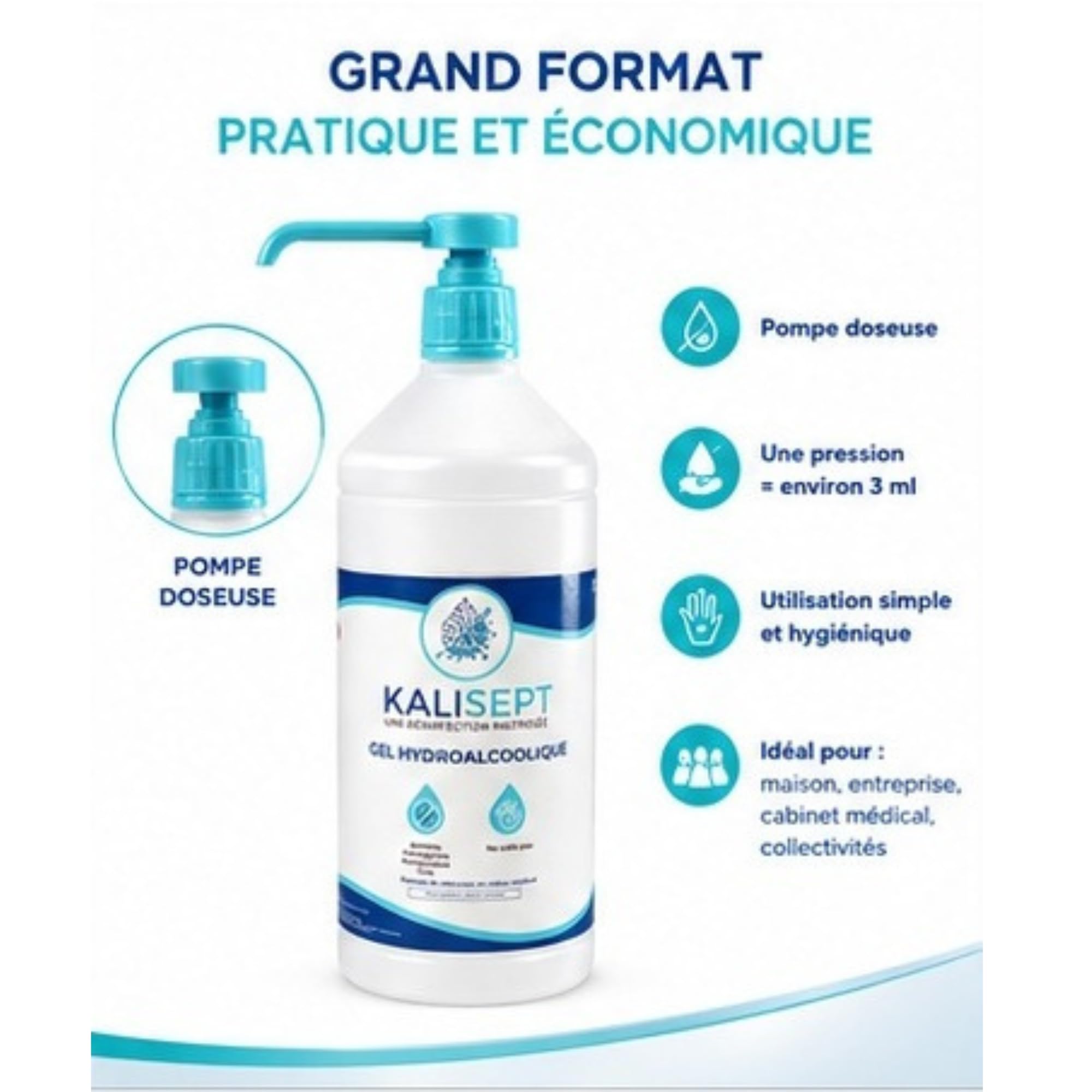 Gel Hydroalcoolique Bactéricide Fongicide Virucide - Alcool végétal - 1L Gel Désinfectant, Ne Colle Pas