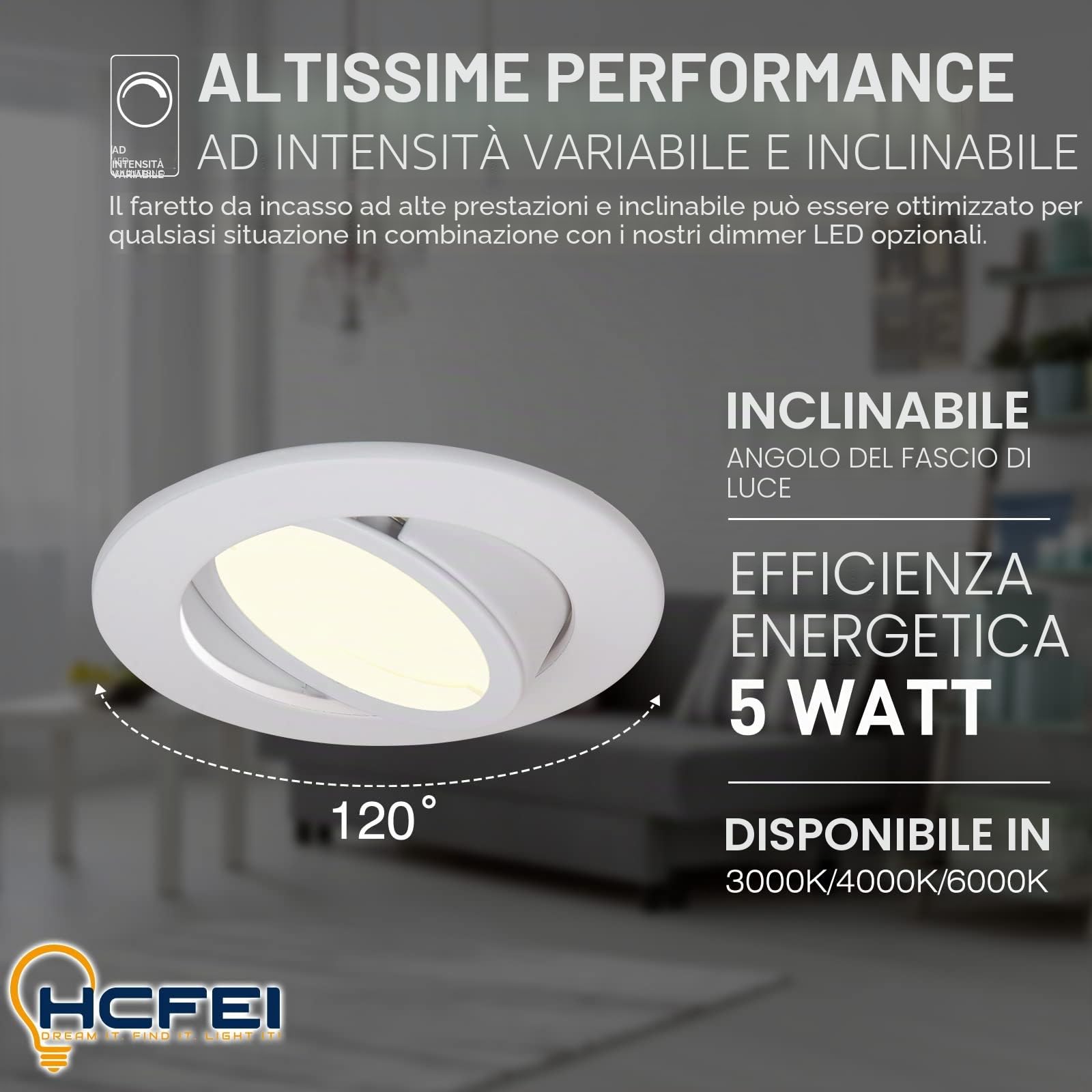 HCFEI 10x Faretti LED da Incasso Bianco per cartongesso, Orientabile con Porti Luce Bianco Caldo 5W Pari a 50W 3000K Dimmerabile Angolo a Fascio 120 Gradi AC 230V