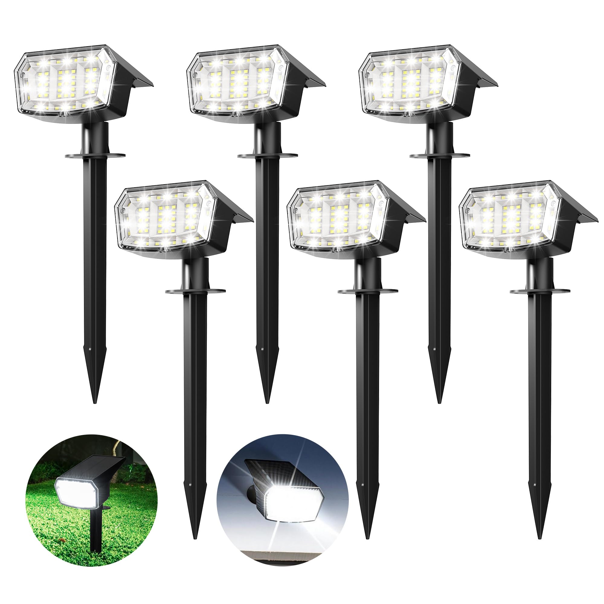 PATIOPIA Solar Spot Lights Outdoor Garden, 63 LED Solar Powered SpotLights, 3 Modes, IP65 Waterproof Garden UpLighters for Yard Pathway Patio Driveway (6 Pack,Cold White)