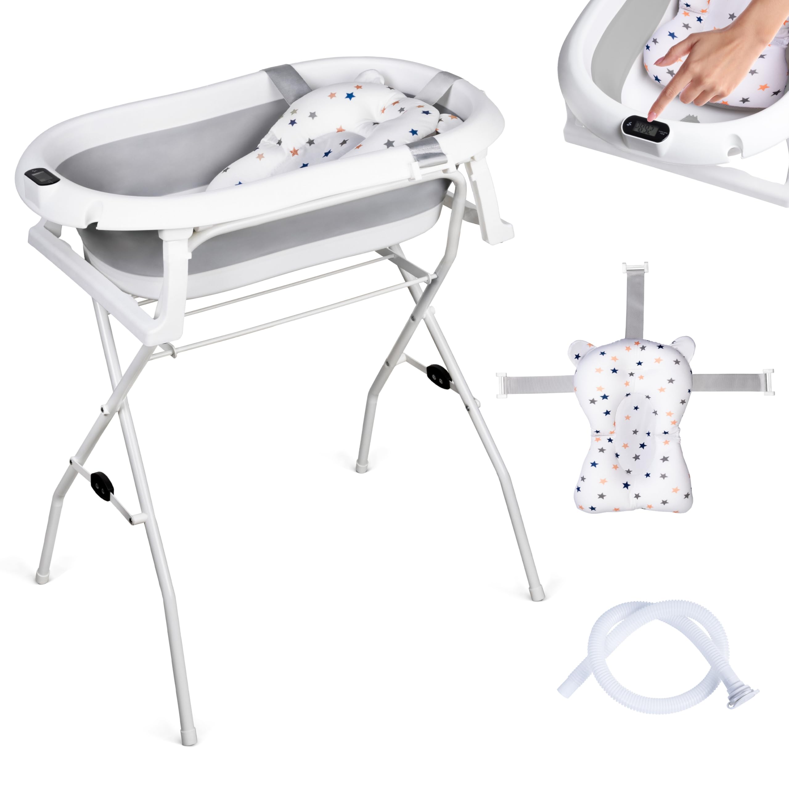 Wanna dziecięca ze stelażem, 80 cm, szara, składana, z termometrem i poduszką kąpielową, wanienka dla niemowląt ze stojakiem, bezpieczna dla noworodka