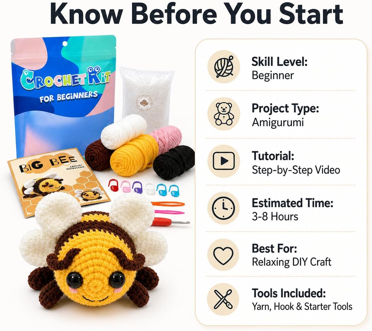 Kovarela Bee Crochet Kit for Beginners, Beginner-Friendly Amigurumi Starter Kit with Step-by-Step Video Tutorials, Yarn, Hook, Stuffing and Tools, DIY Craft Gift for Kids and Adults