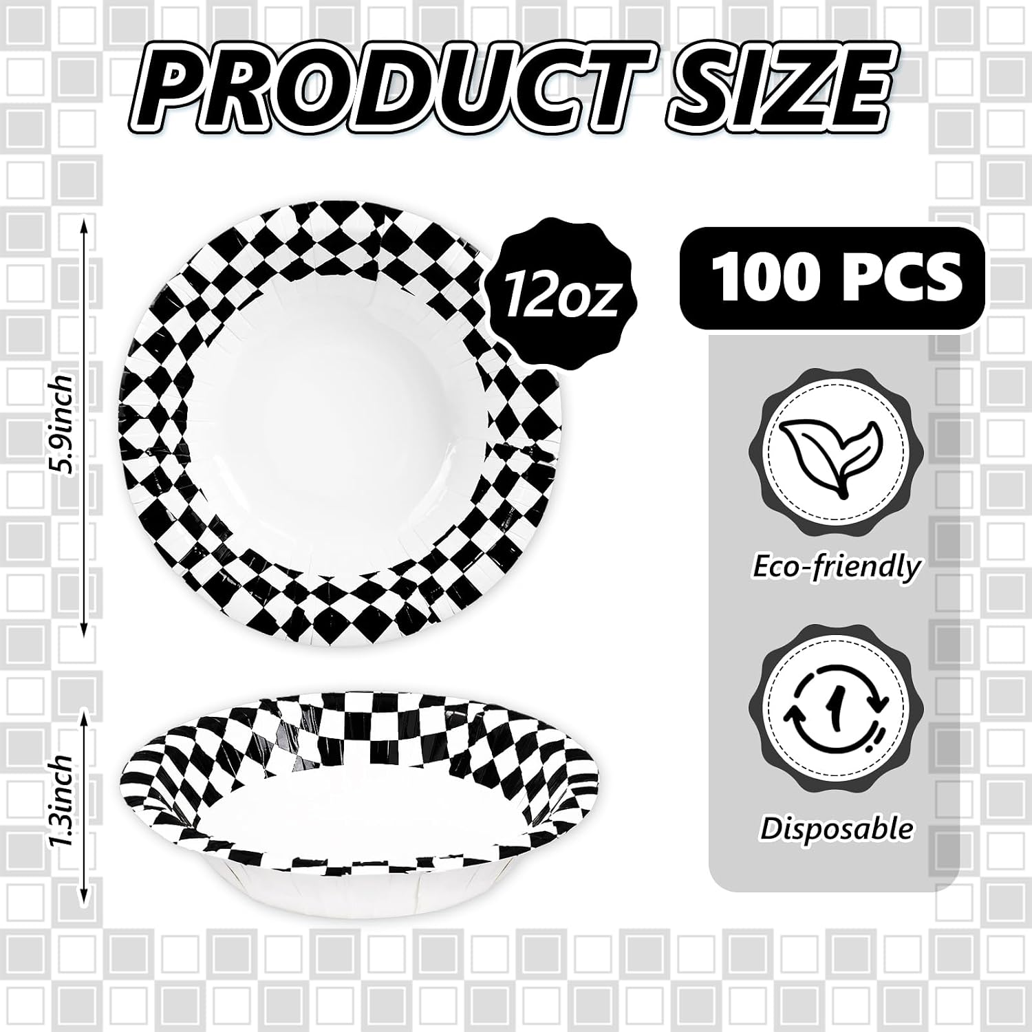 Whaline 100Pcs Race Car Paper Bowls 9 Oz Black White Checkered Disposable Soup Bowl Dessert Serving Bowl for Racing Theme Birthday Baby Shower Party Ice Cream Snack Food Supplies image 2