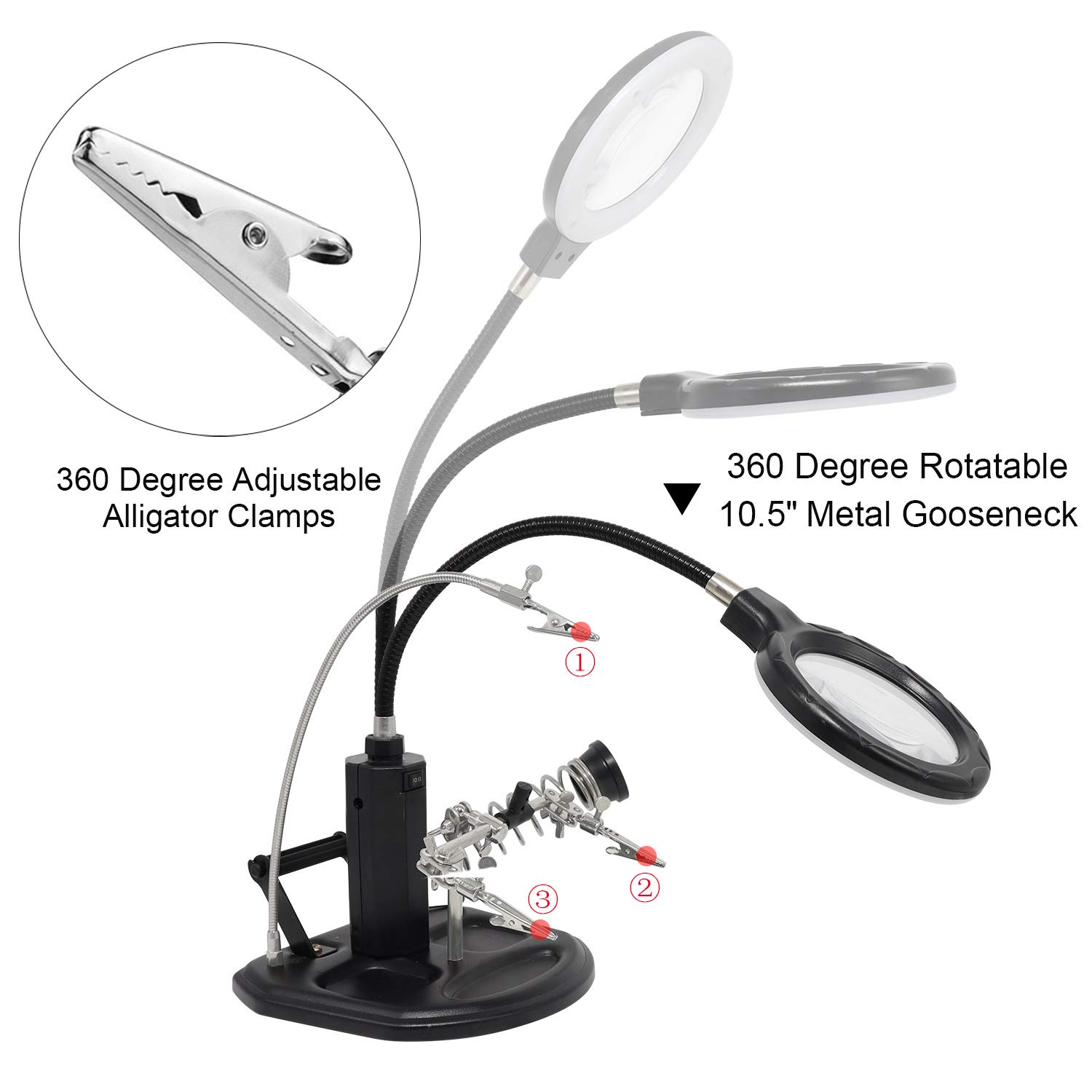 Helping Hands Magnifier Work Station with 16 LED Lights 2.5X/4X USB Rechargeable Hands Free
