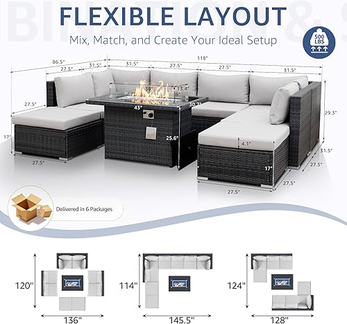 Miniatura 6 de NICESOUL Juego de conversación de patio al aire libre con respaldo alto de 29.3 pulgadas con fogata convertible, sofás modulares de mimbre de tamaño