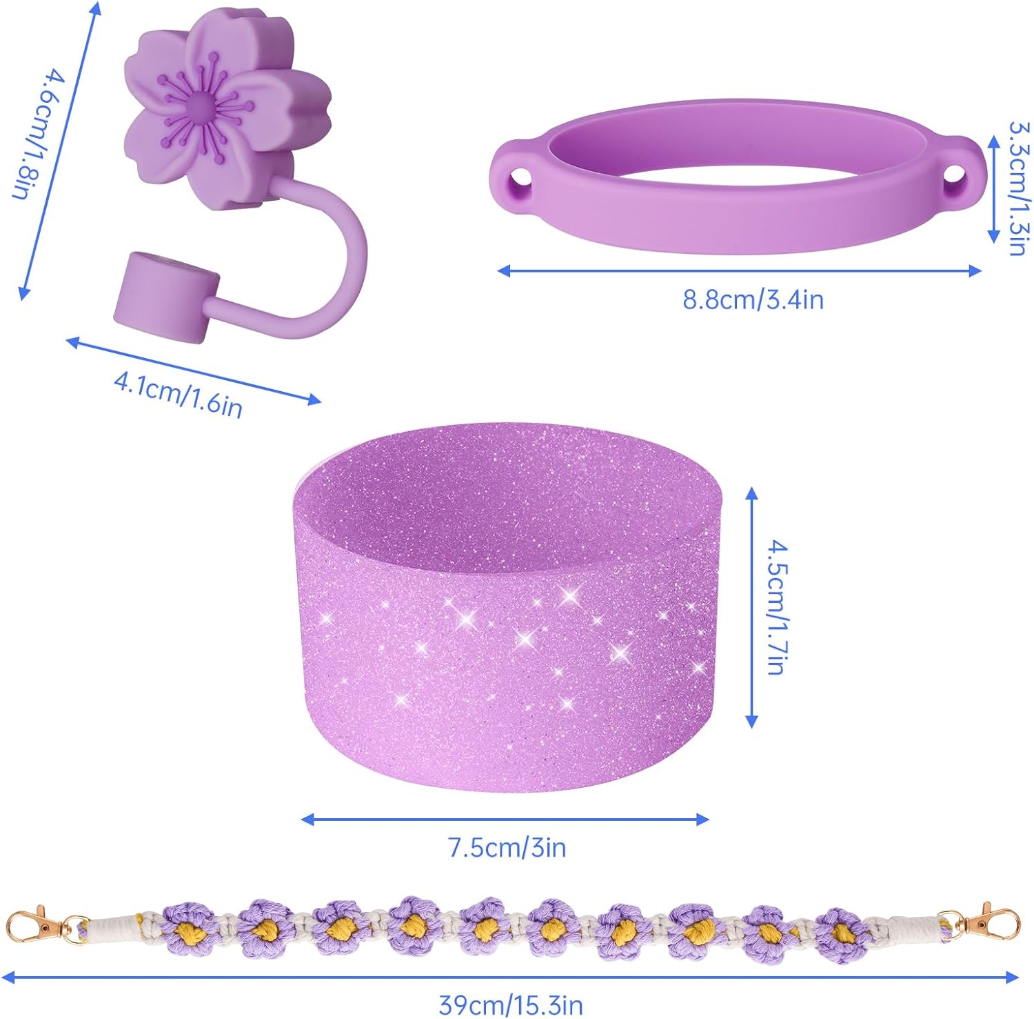 NiHome Accessory Set for Stanley Tumblers 20oz, 30oz, 40oz Cups, Includes Color-Coordinated Handle, Silicone Ring, Straw Plug and Glittery Base, Sparkling Additions to Enhance Your Drinkware (Purple) - Image 6