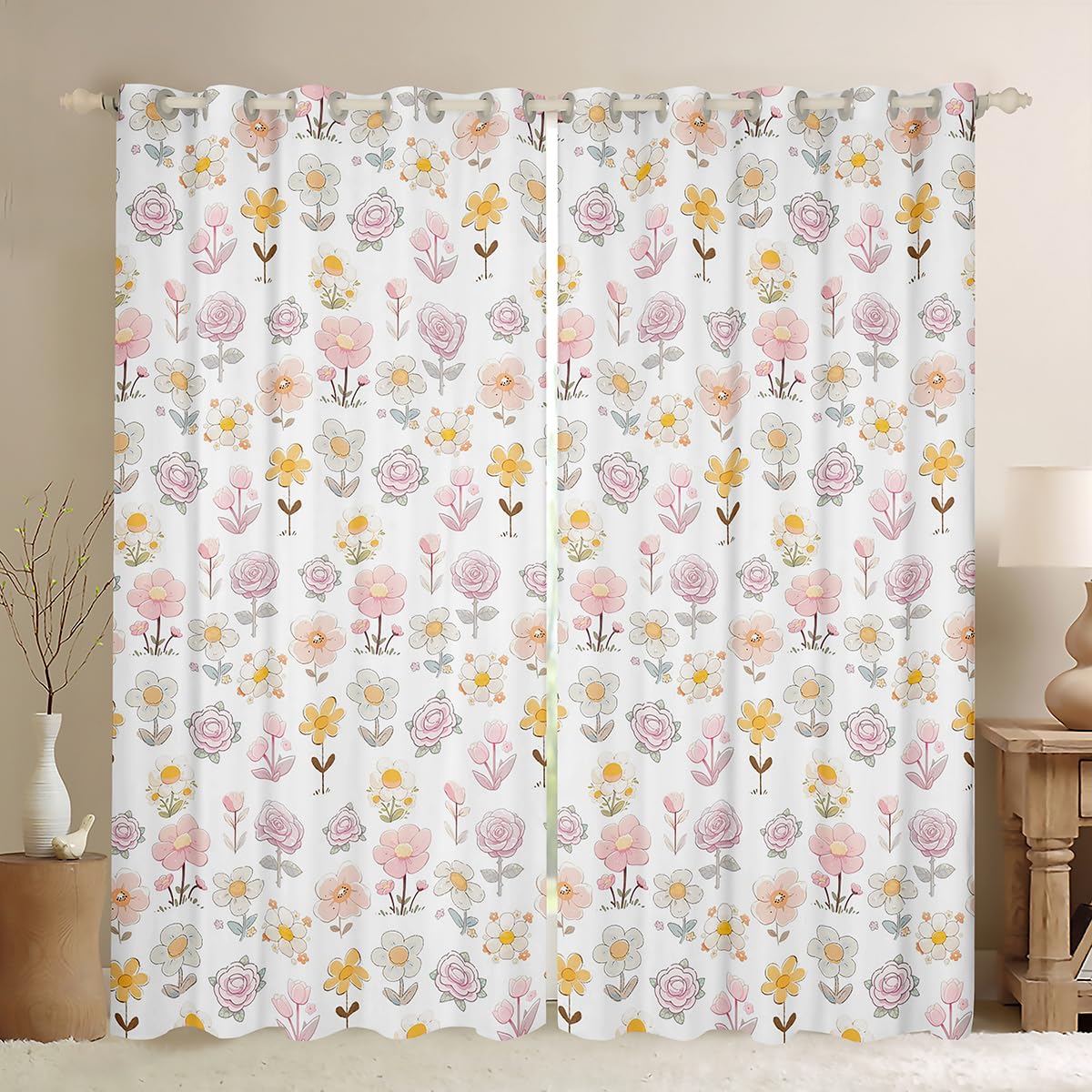 richhome Cute Flower Curtains for Bedroom Living Room Yellow Pink Floral Blackout Darkening Drapes Romantic Blossom Window Treatments, 2 Panels W52*L90 Cartoon Style Room Decor