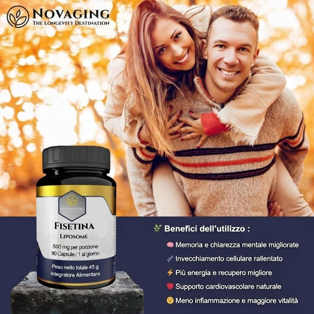 Fisetina Liposomiale Anti-età, Potente Antiossidante, 100% Vegano - 90 Capsule, Fornitura per 3 Mesi, 500 mg - Massima Biodisponibilità, Dosaggio Preciso, Testato senza OGM né Allergeni