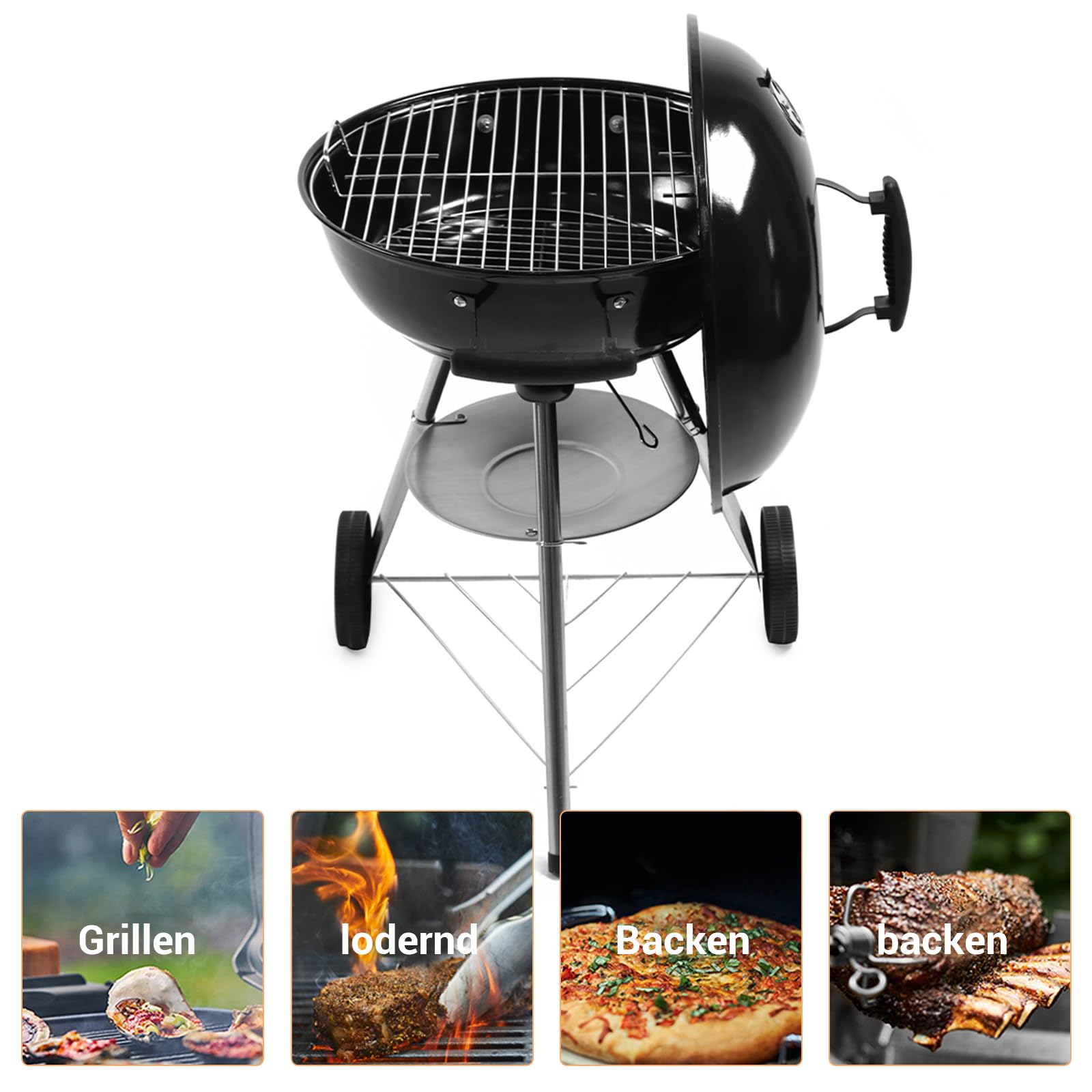 KONO Grill kulowy, grill na węgiel drzewny, grill piknikowy, ze stali nierdzewnej, mały grill z pokrywką, kółka, uchwyt ze stali nierdzewnej, termometr, grill kempingowy, zdejmowany grill do ogrodu,