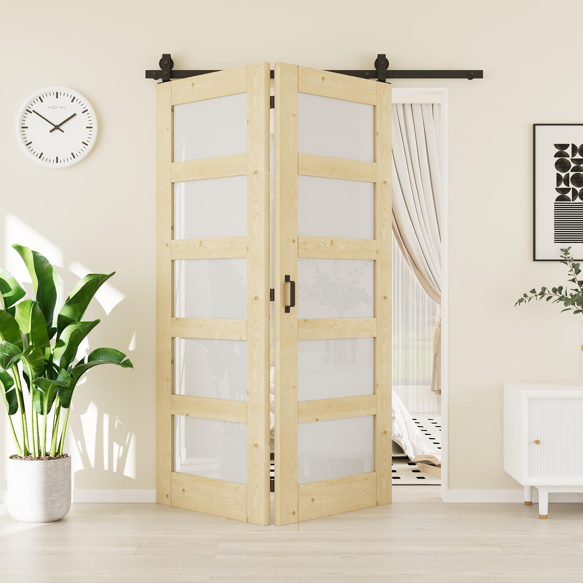 56"(28" x 2) x 80" 5-Lites Tempered Frosted Glass Bifold Barn Door