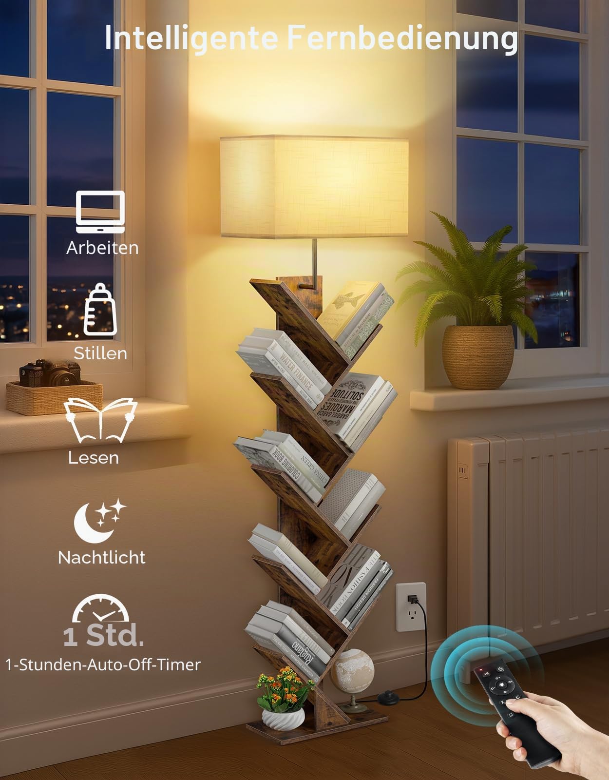 Baum Bücherregal mit Licht, 9 Ebenen Eckregal，Fernbedienung & Timer, Schmales Standregal aus Holz, Kleines Regal für Bücher, CDs & DVDs, für Wohnzimmer, Kinderzimmer, Büro(Rustic Brown)