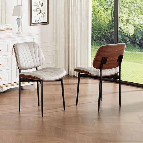 Miniatura 30 de Juego de 6 sillas de comedor, sillas modernas de mediados de siglo tapizadas en cuero PU con respaldo de madera curvada de nogal y patas de metal