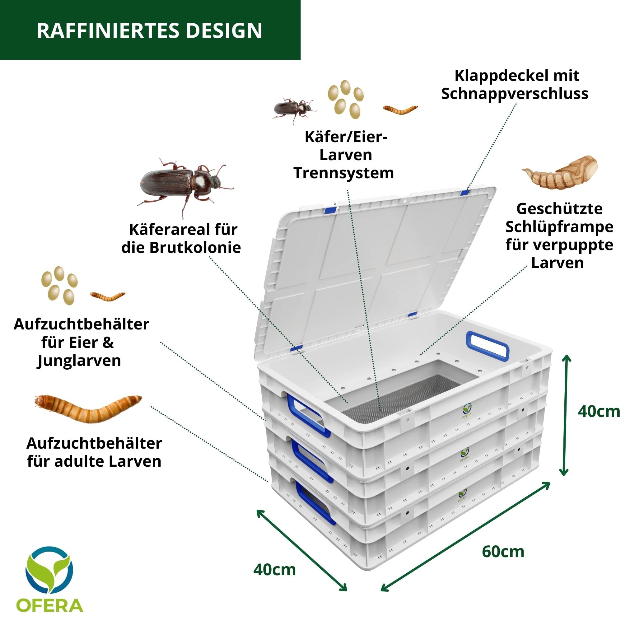 OFERA Mehlwurm Farm Zucht [Set] für Mehlwürmer Insekten als Hühnerfutter Vogelfutter Wildvögel ganzjährig Fischfutter Wurmkiste Komposter Mehlwürmer lebend Futter Hühner Zubehör Kompost Dünger Bio