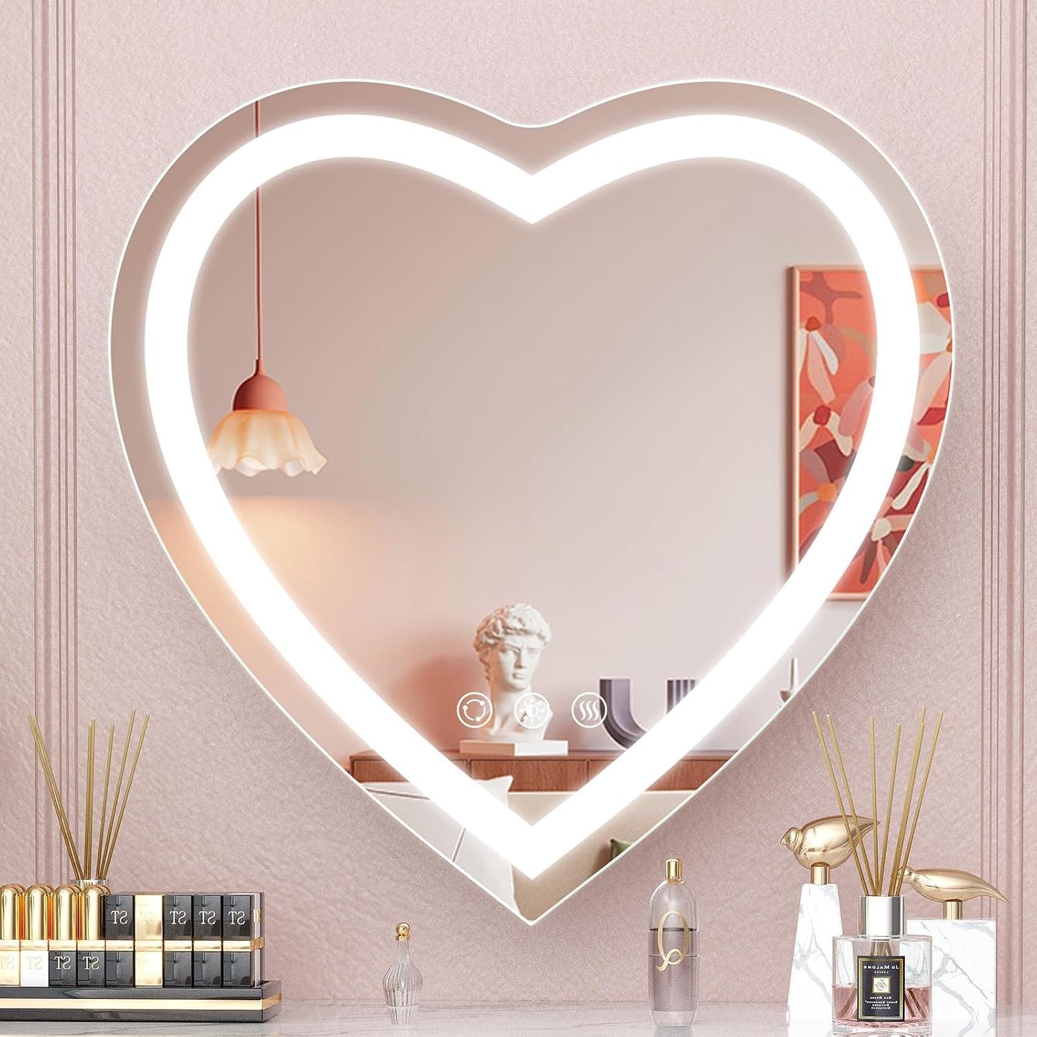 LED Heart Mirror - Crushed Diamond Heart-Shaped Wall Mounted LED Vanity Mirror with 3 Colors, Stepless Dimming, Memory, and Smart Touch (32x32 Inch)