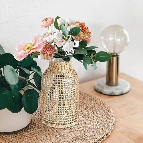 Miniatura 7 de DOITOOL Jarrón de mimbre, florero de vidrio de 8 pulgadas de alto con cubierta de ratán, jarrones altos de ratán para flores, florero bohemio floral