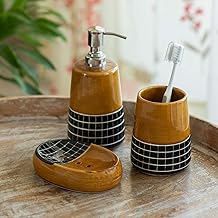ExclusiveLane 'Sun Checkered' Ceramic Soap Dispenser Set for Bathroom Wash Basin Bathroom Accessories Set of 3 (Liquid Soap Dispenser, Toothbrush Holder, Soap Tray Holder, Hand-Carved)