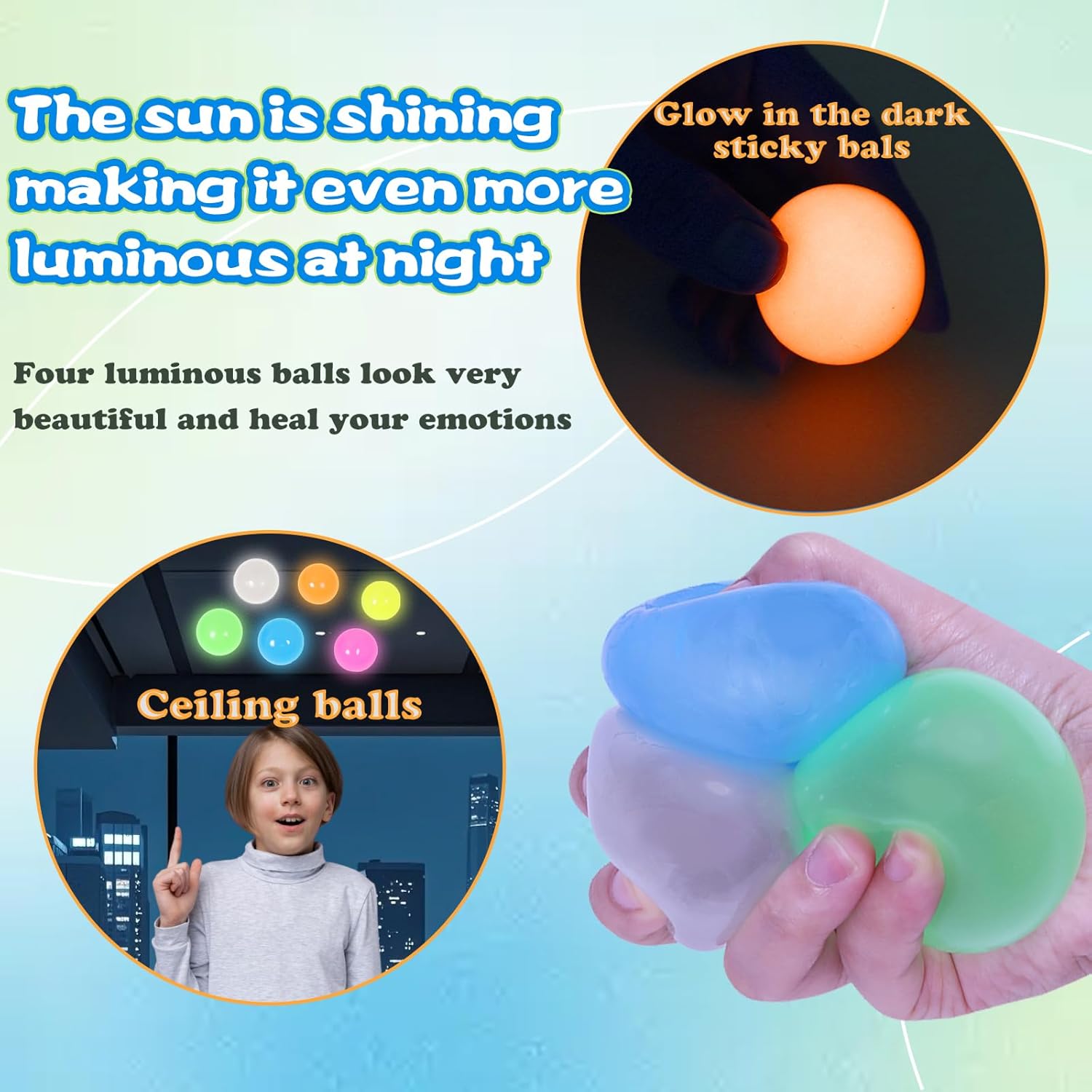 3pcs 2.4in Lumi Balls,Dream Balls,Glow in The Dark Sticky Ball that Stick to The Ceiling,Elevated Stress Balls for Kids and Adults,Stocking Stuffers,ASMR Cool Stuff for Teens (3pcs-A)