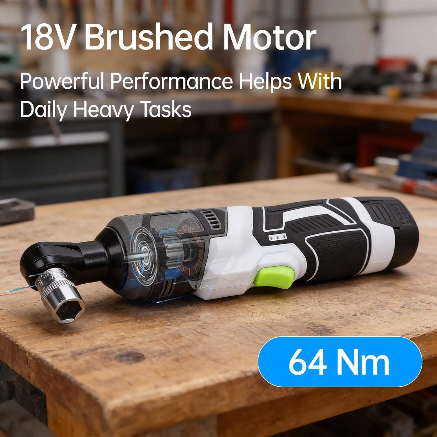 Electric Ratchet Cordless Wrench 64Nm Torque 200RPM Variable Speed Power 3/8 Ratchet Head LED Light 2 Batteries Automotive Construction Home Repair (US Plug Brushed Motor)