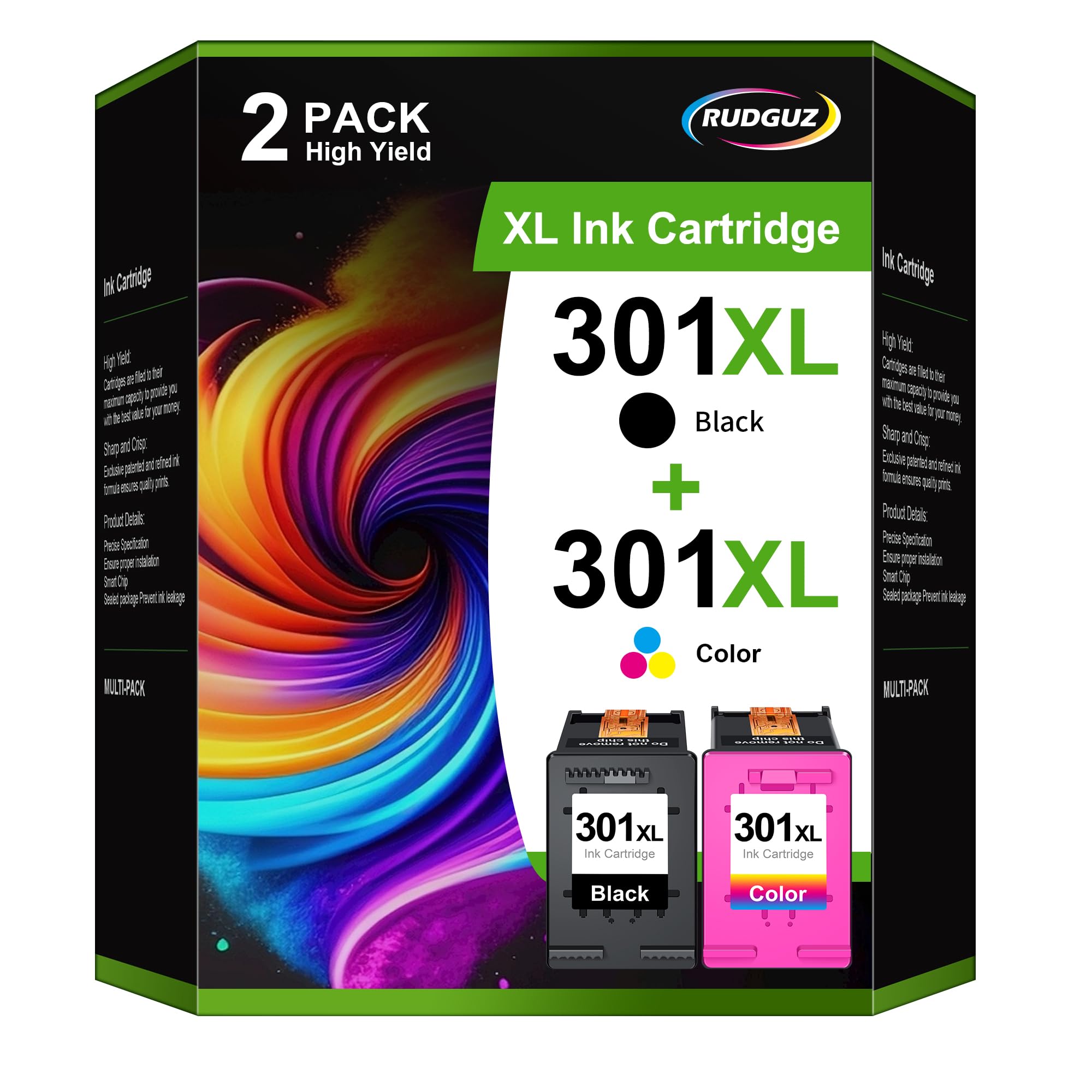 RUDGUZ 301 XL Multipack Kompatibel für HP 301 Druckerpatronen 301XL für HP Envy 4500 Druckerpatronen 5530 4504 5534 Deskjet 2540 2544 1510 Officejet 4630 2620 (2er-Pack)