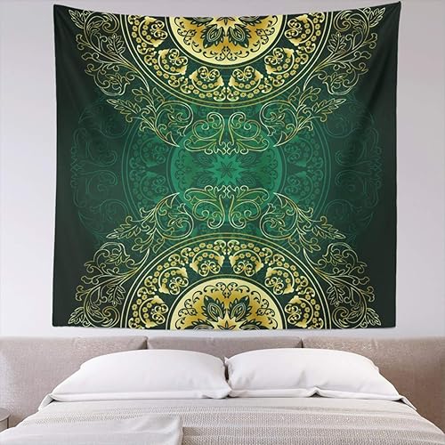 Miniatura 9 de Healbrighting Tapiz para colgar en la pared, 59.1 pulgadas de ancho x 51.2 pulgadas de alto, diseño de mandala verde dorado, para sala de estar,
