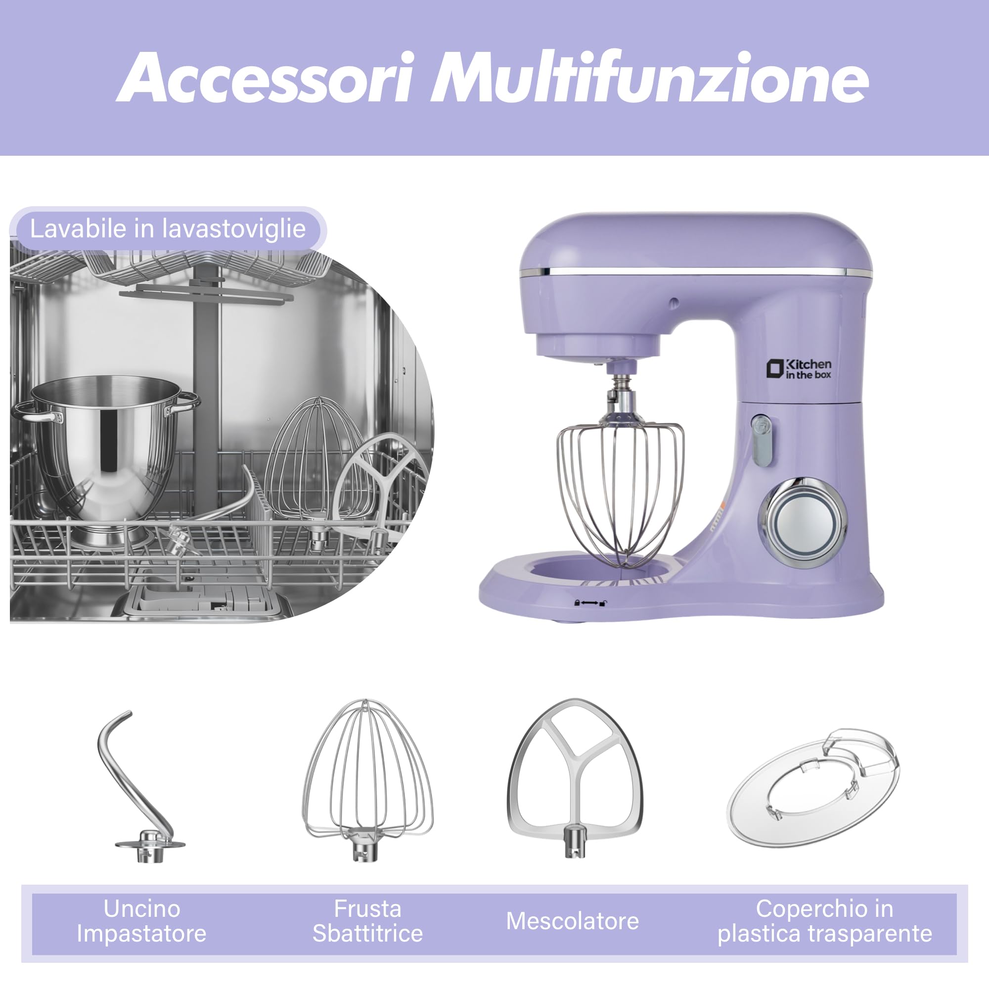 Kitchen in the box Impastatrice Planetaria, 6L Planetaria Professionale 1400W, 10 Velocità con Uncino Impastatore, Mescolatore e Frusta Sbattitrice (Viola)