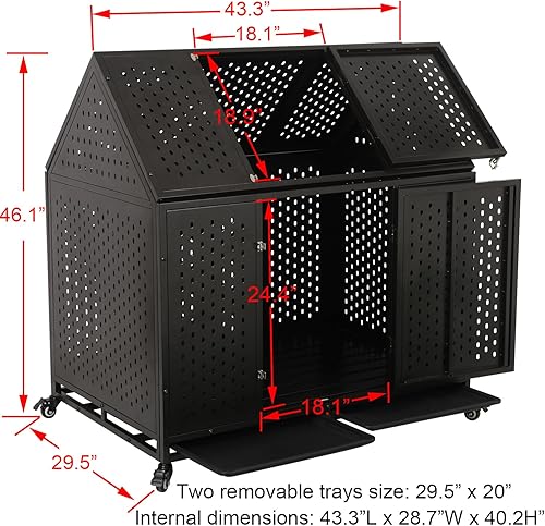 Miniatura 6 de Jaulas resistentes de 44 pulgadas para perros grandes, jaula indestructible a prueba de escapes con ruedas bloqueables, doble puerta de alta
