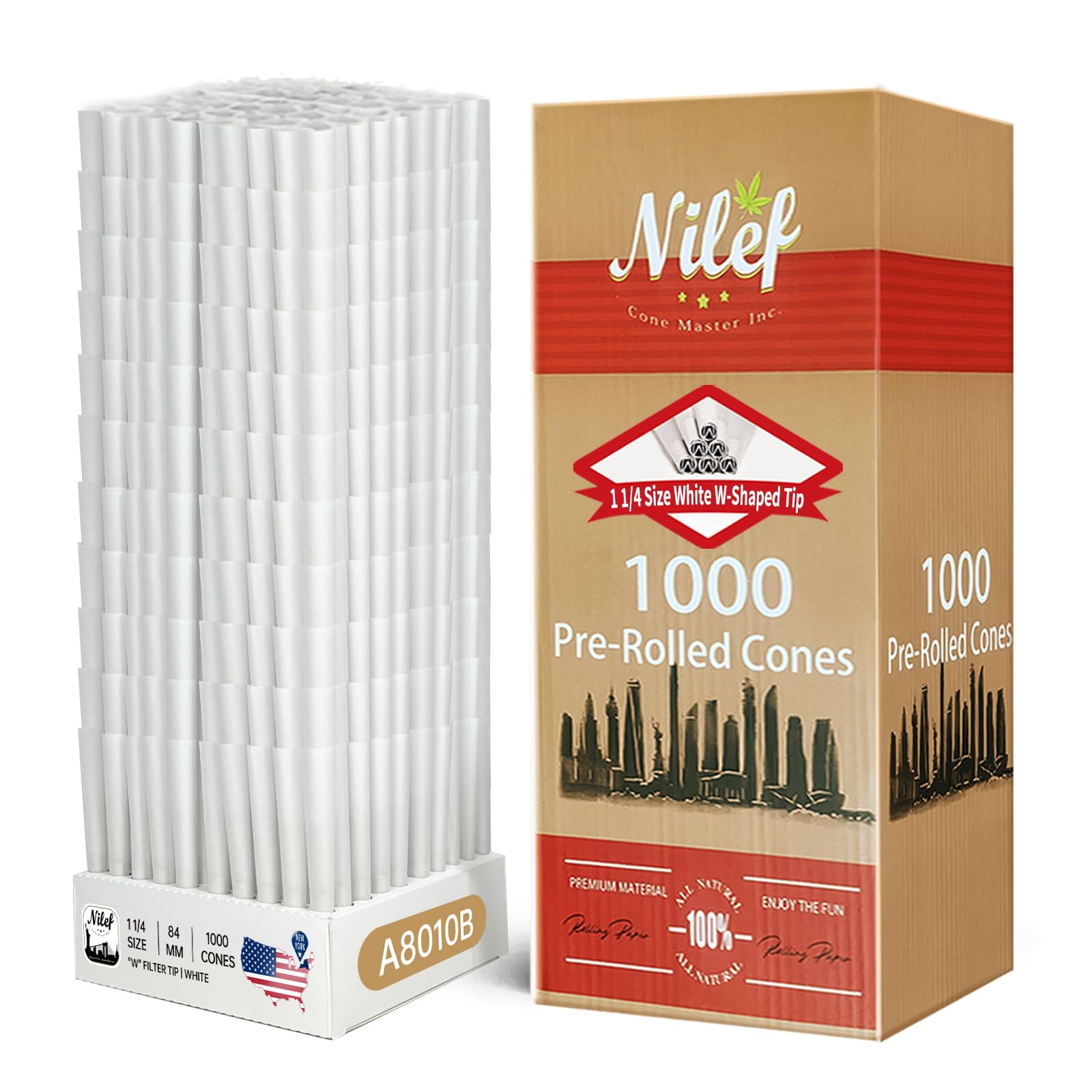 Nilef Pre Rolled Cones | 1 1/4 Size 84/26mm | 1000 Pack | White Paper | "W" Filter Tip | Natural Unbleached Rolling Paper | Bulk Pre Rolled Cones Ideal for Automatic and Manual Filling Machines