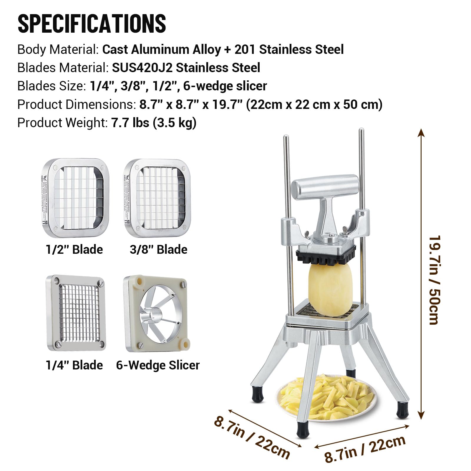 Garvee Cortador Manual Profesional De Verduras y Frutas – Acero Inoxidable – 4 Cuchillas Intercambiables (1/4", 3/8", 1/2", Cuña De 6) – Mango Ergonómico y Base Antideslizante – Fácil De Limpiar