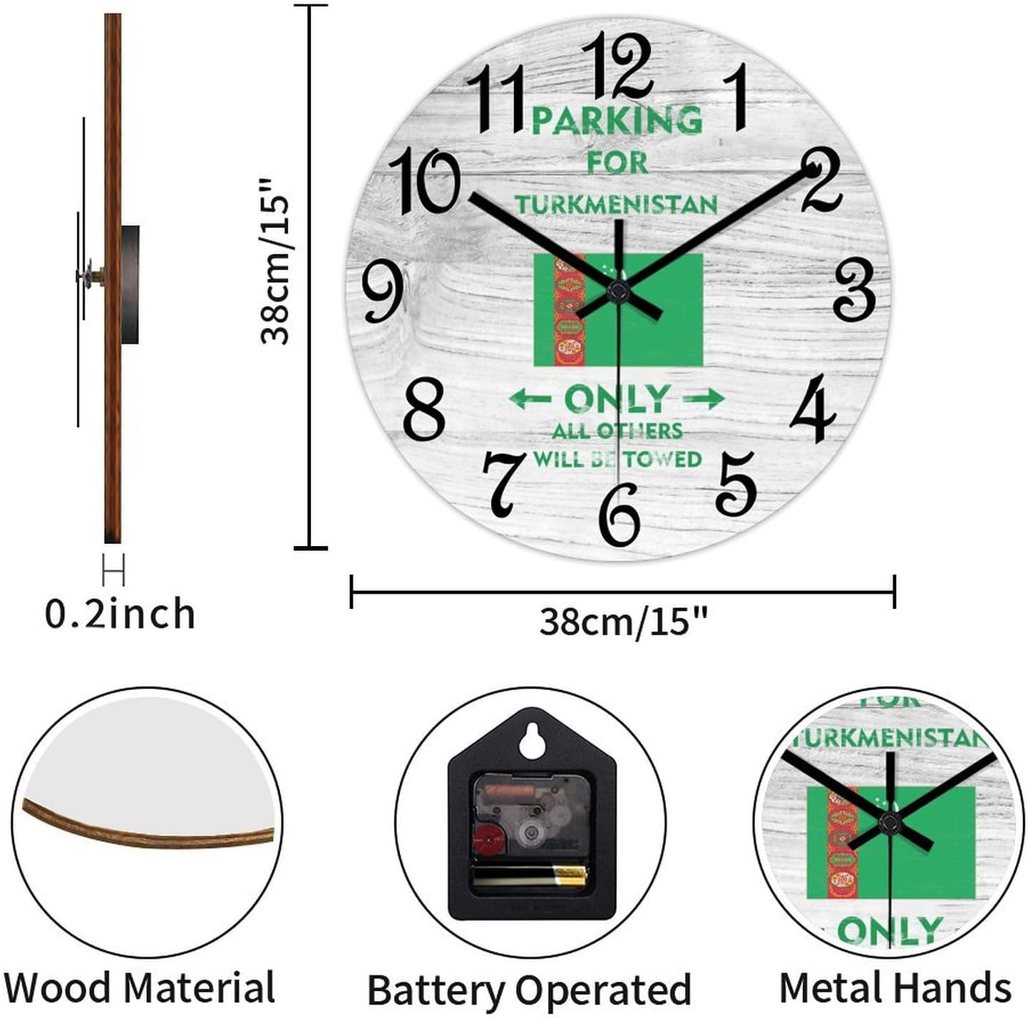 15 Inch PVC Wall Clock Turkmenistan Flag Digital Wall Clock Parking for Turkmenistan Only All Others Will Be Towed Large Clock Wall Decorations for Bedroom Office School Decorations