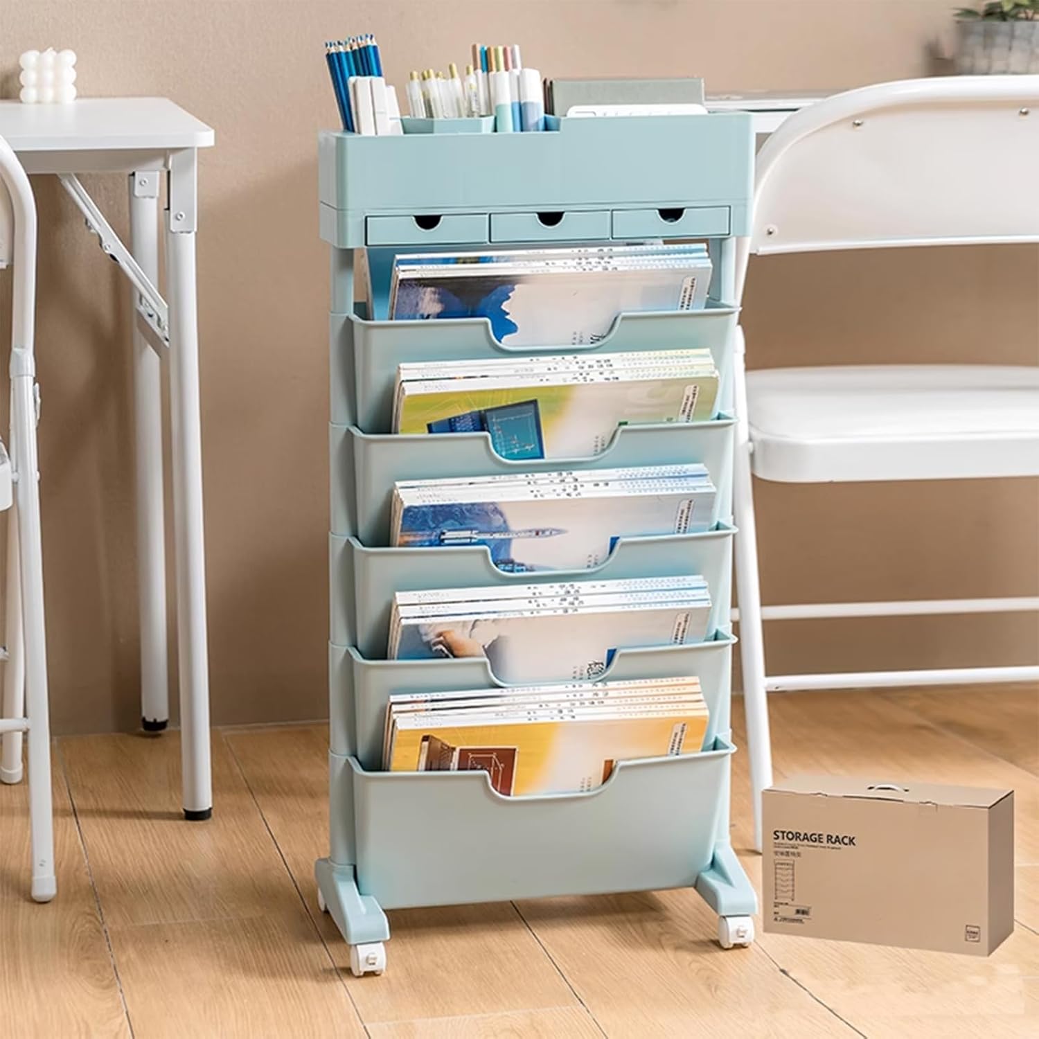Mobile Bookshelf with Wheels, Multi-Functional Movable Storage Book Shelves with Lockable Casters for Study Office Kitchen Classroom