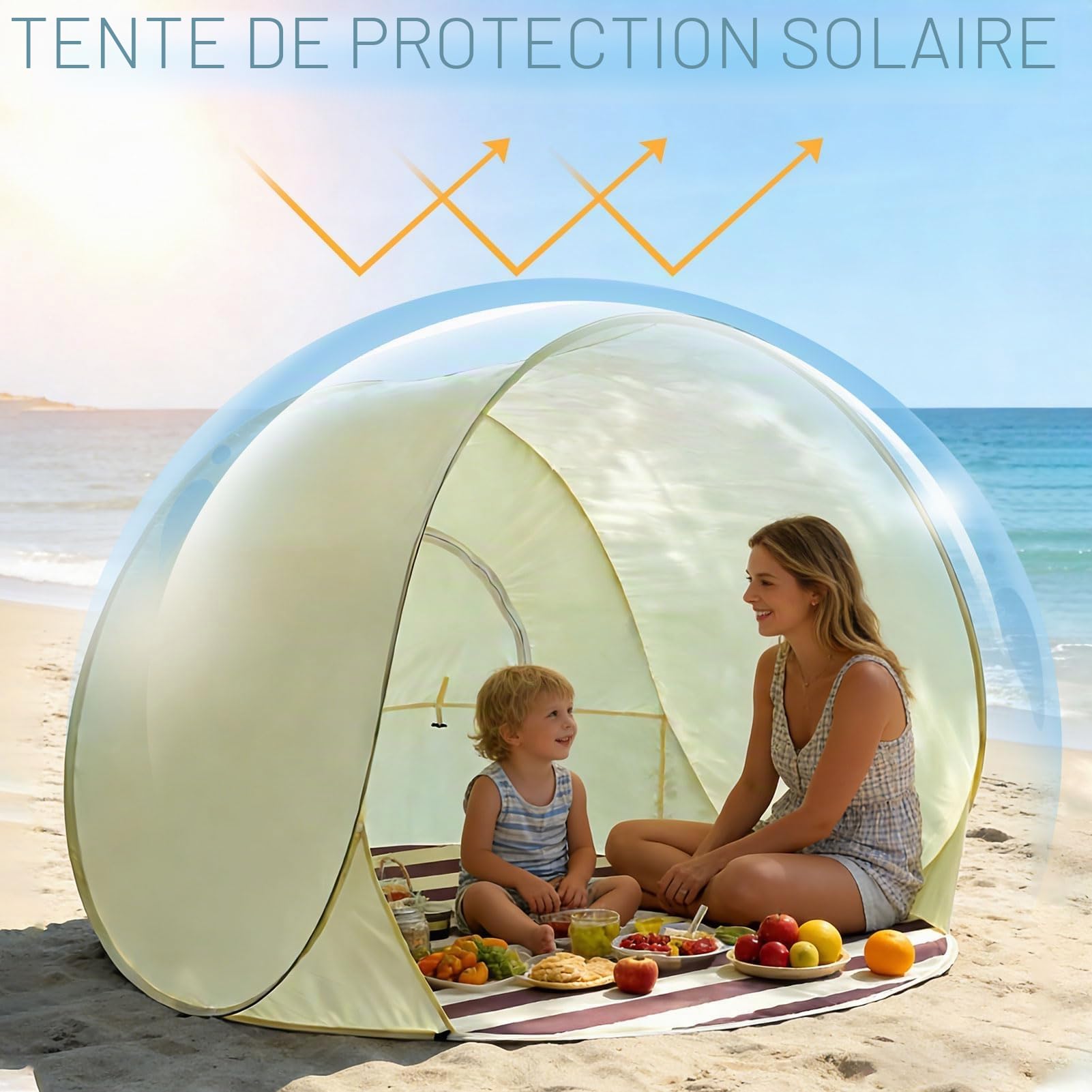 Tente De Plage Pop Up avec Protection UV XXL, 3-4 Personnes UPF 40+,Tente Plage Bebe Anti UV,Tente De Plage Jetable, Protection UV Et Pare-Vent, Abris De Plage, Protection Solaire Pop-up