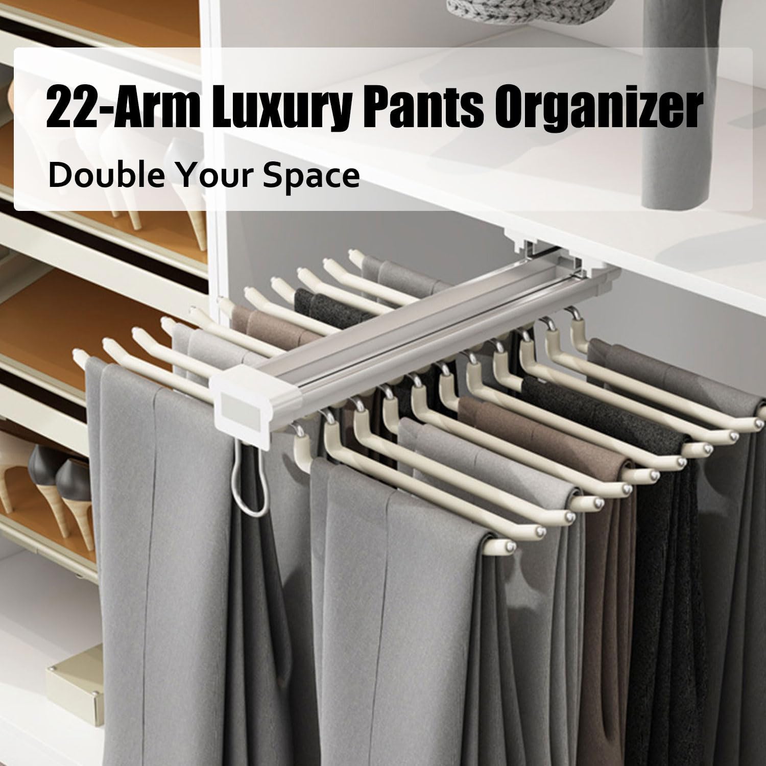 Pull Out Trousers Rack 22 Arms Steel Pull Out Pants Rack Pants Hanger Bar Clothes Organizers for Space Saving and Storage Maximum Load 66lbs Beige 23.4x18x5.7inch