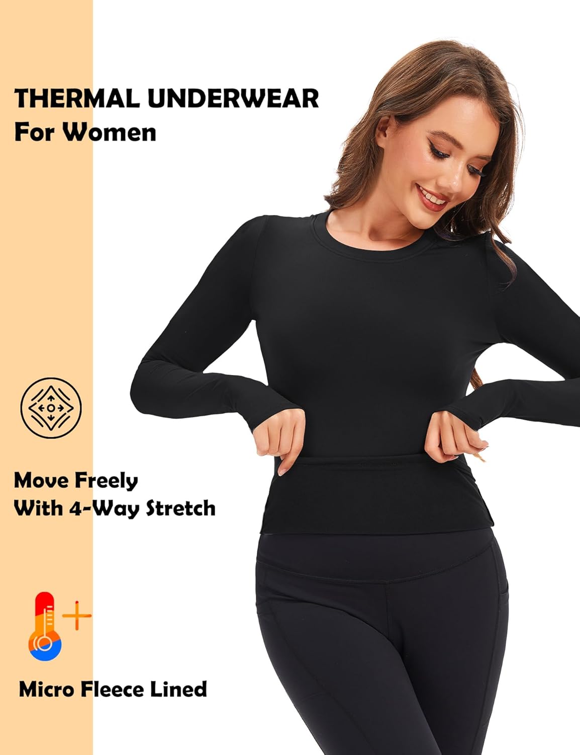 Womens Long Sleeve Thermal Tops Ladies Fleece Lined Baselayer Undershirt for Winter Cold Weather with Thumb Holes - Image 4