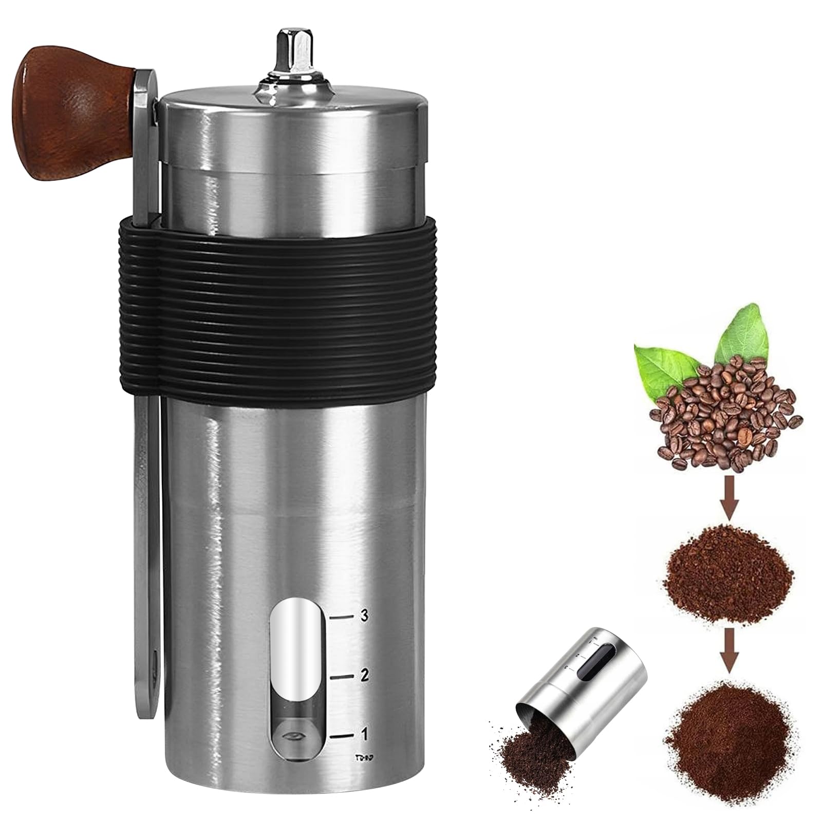 Molinillo de café manual, mecanismo de cerámica ajustable, ajuste de grado de molido 304, acero inoxidable, mini molinillo de granos de café, para viajes, camping, oficina, espresso, etc