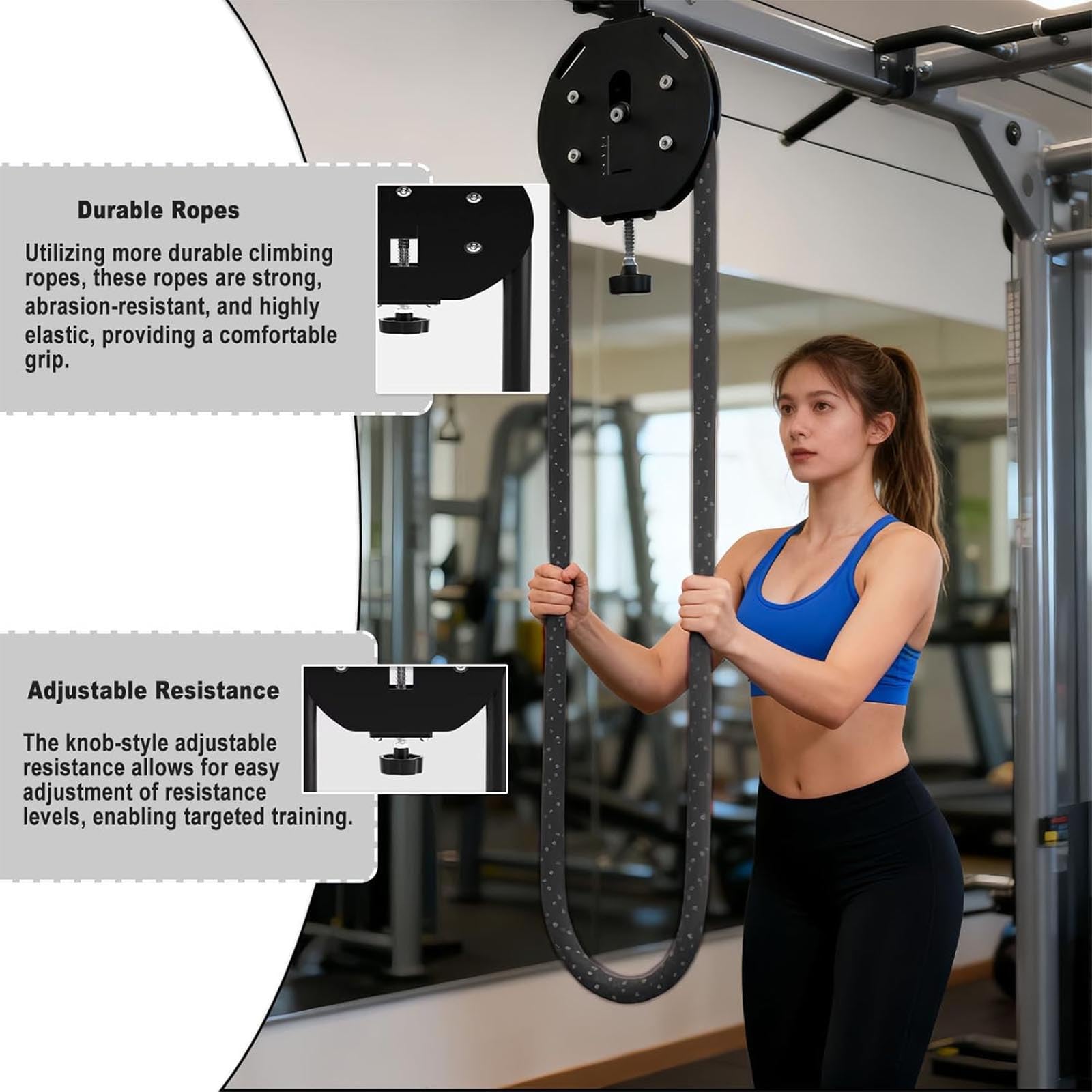Entrenador de Cuerda de Tracción para Fitness, Máquina Sin Fin con Resistencia Ajustable, para Resistencia Muscular, Ejercicios aeróbicos extremidades Superiores,Negro
