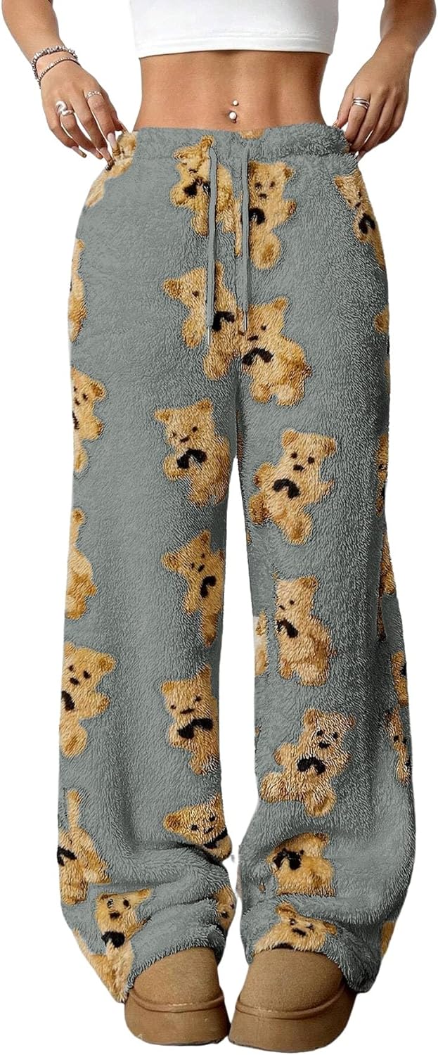 ZAFUL Women's Fuzzy Plush Pajama Pants Drawstring Elastic Waist Wide Leg Teddy Pj Bottoms Lounge Pants