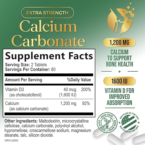 Miniatura 2 de Calcio 1200 mg con vitamina D3, salud ósea y apoyo inmunológico - Suplemento de calcio extra fuerte de 600 mg comprimido más vitamina D 1600 UI,