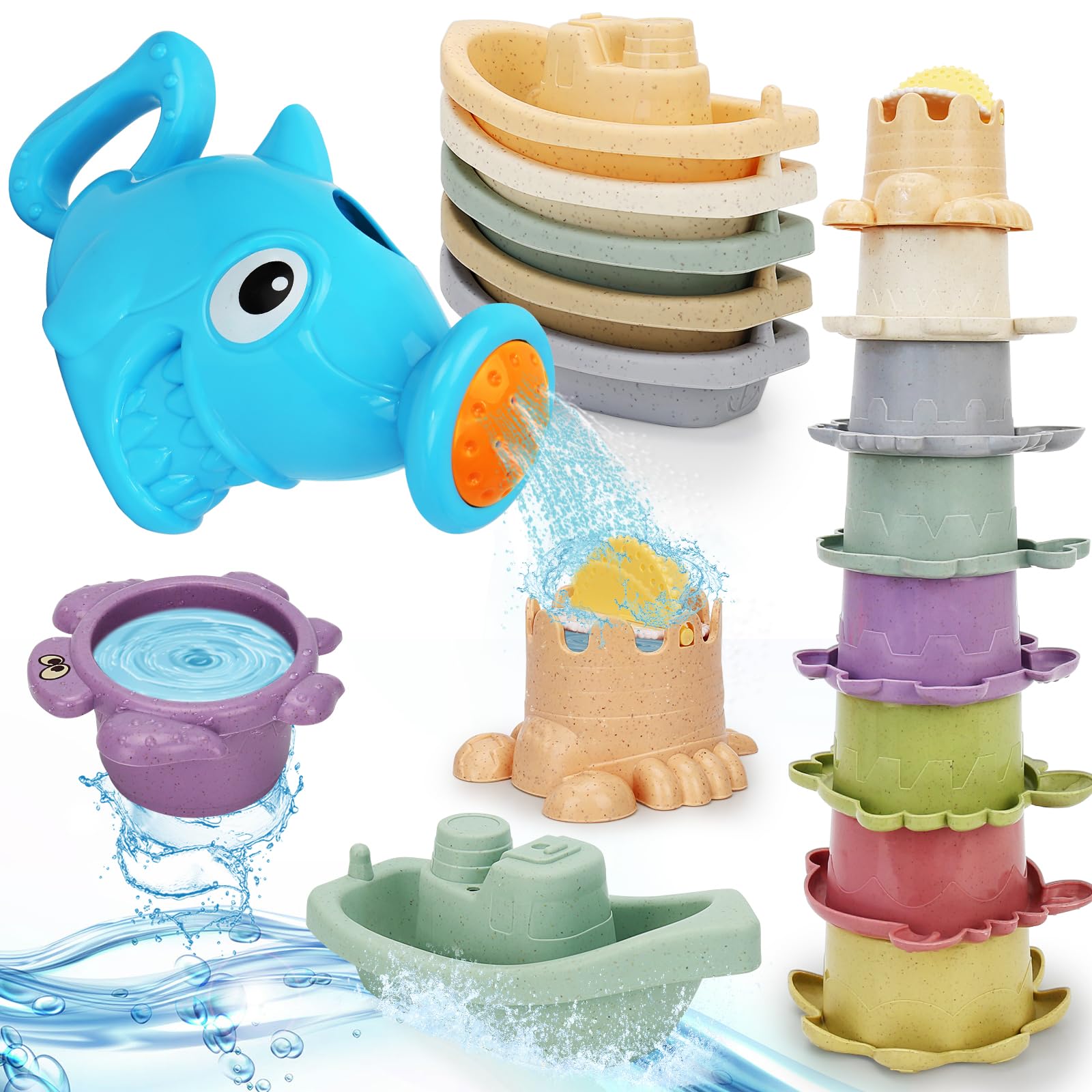 SLTBEH Baby Bath Toys for Toddlers 1-3, 14 Pcs Bathtub Toys for for Kids Age 2-4,Mold Free Bath Boat with Stacking Cup & Watering Can , Water Table Toys for Infants Boys Girls Babies 6-12-18 Months
