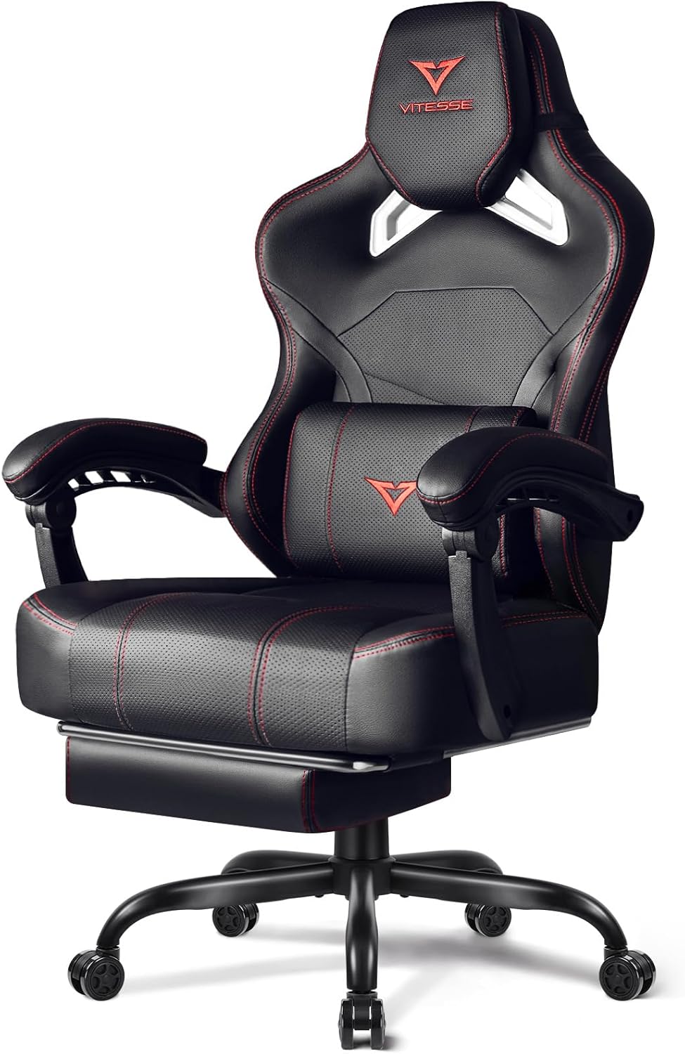 Silla de juego grande y alta Vitesse de 400 lb de capacidad de peso con reposapiés, silla de videojuego ergonómica para adultos con reposacabezas de gran tamaño y almohada lumbar, silla de ordenador juegos para oficina (negro + rojo)