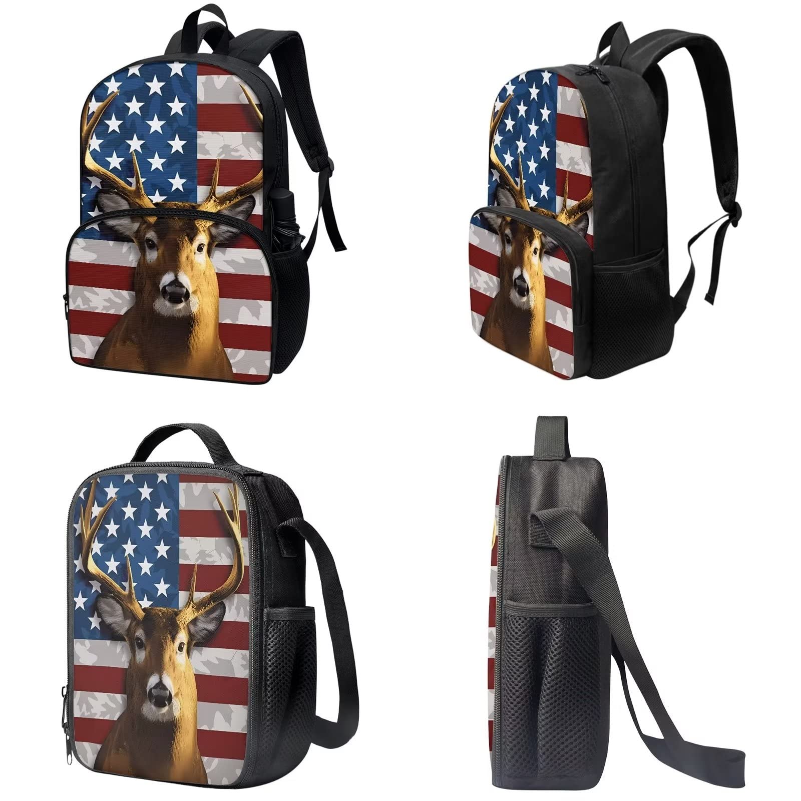 Poceacles Schultasche und Lunchbox-Set für Teenager, Jungen, Grundschule, Büchertasche, Federmäppchen für Grundschulkinder, Amerikanische Flagge und Reh, Einheitsgröße