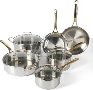 Martha Stewart Castelle 10 Piece Heavy Duty 18/8 Stainless Steel Pots and Pans Set for Induction and Nontoxic Cookware, Gold Handles, Dishwasher Safe