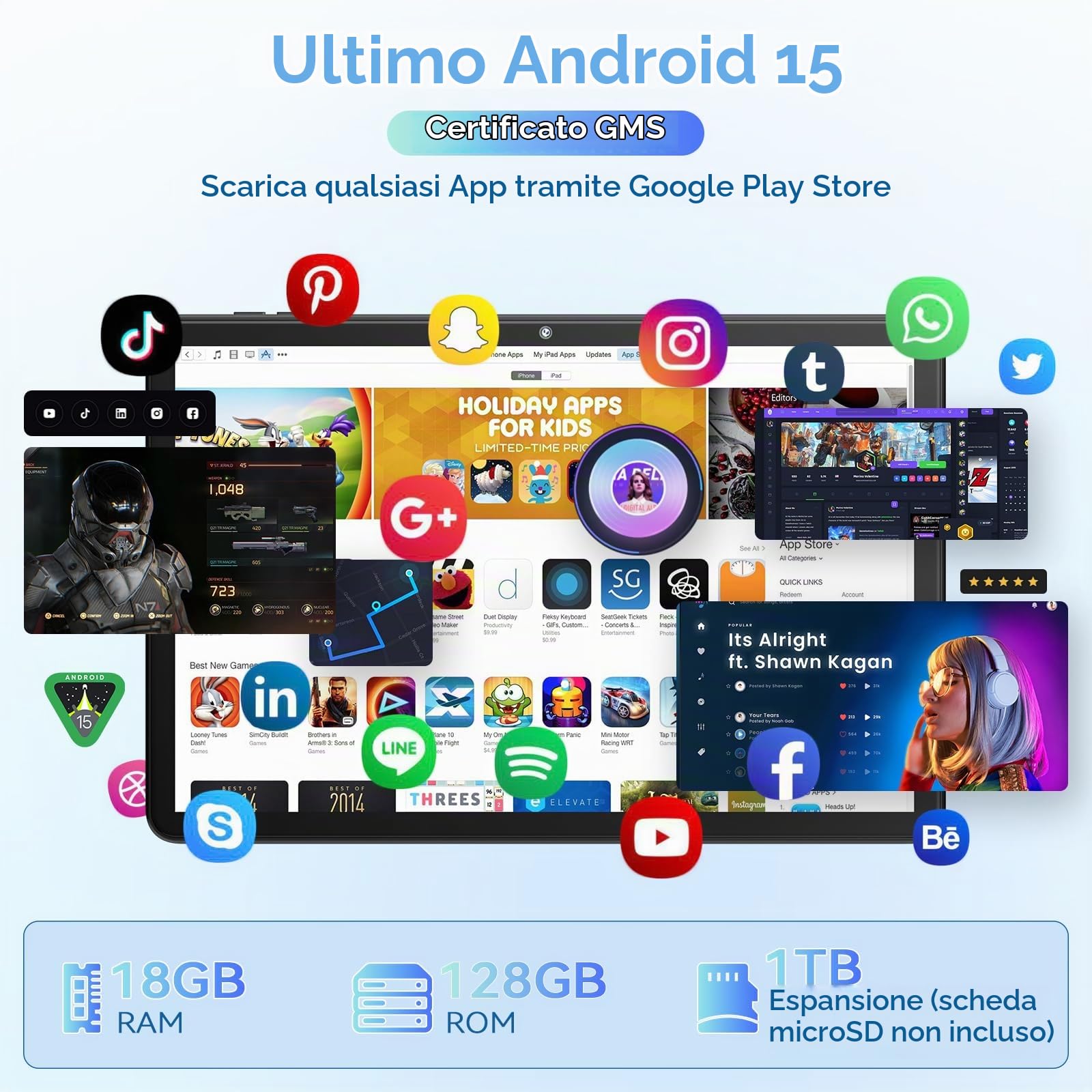 Tablet Android 15 10.1 Pollici, 18GB RAM (6+12) 128GB, T30 Octa-Core, Espansione TF 1TB, Widevine L1, Display IPS HD, 6000mAh, WiFi 2.4/5G, Face ID, GMS, Doppia Fotocamera, Grigio